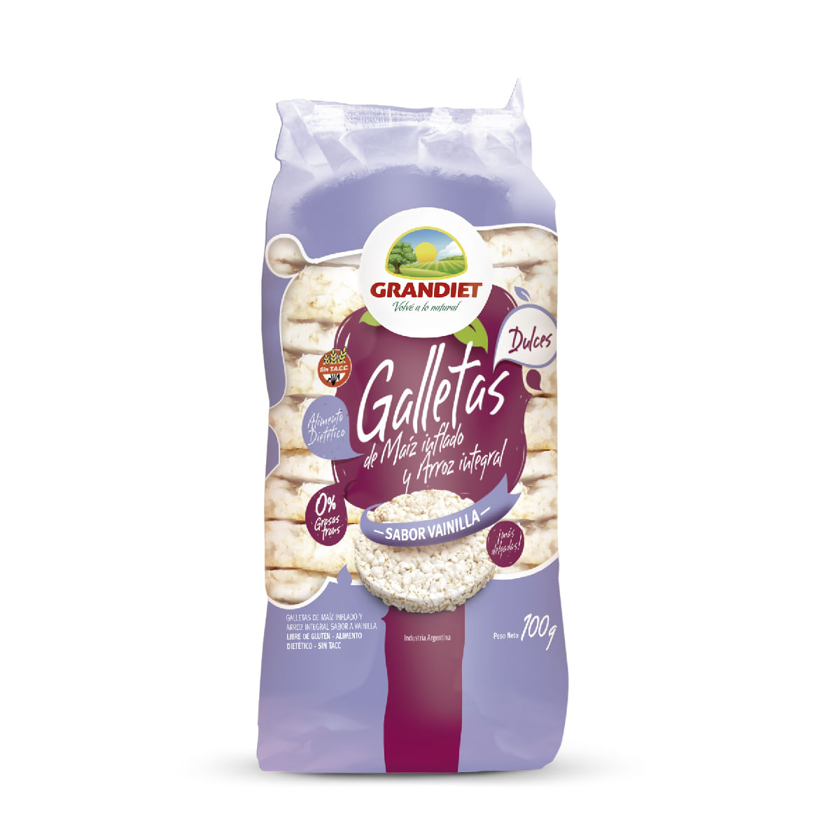 Galletas de arroz y maíz Grandiet vainilla 100 g. sin TACC