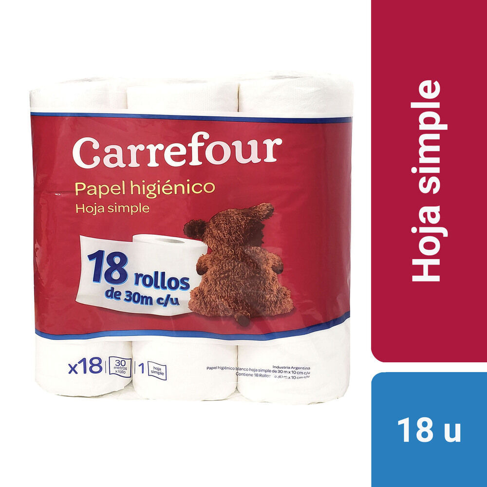 Papel higiénico hoja simple Carrefour 18 x 30 m.