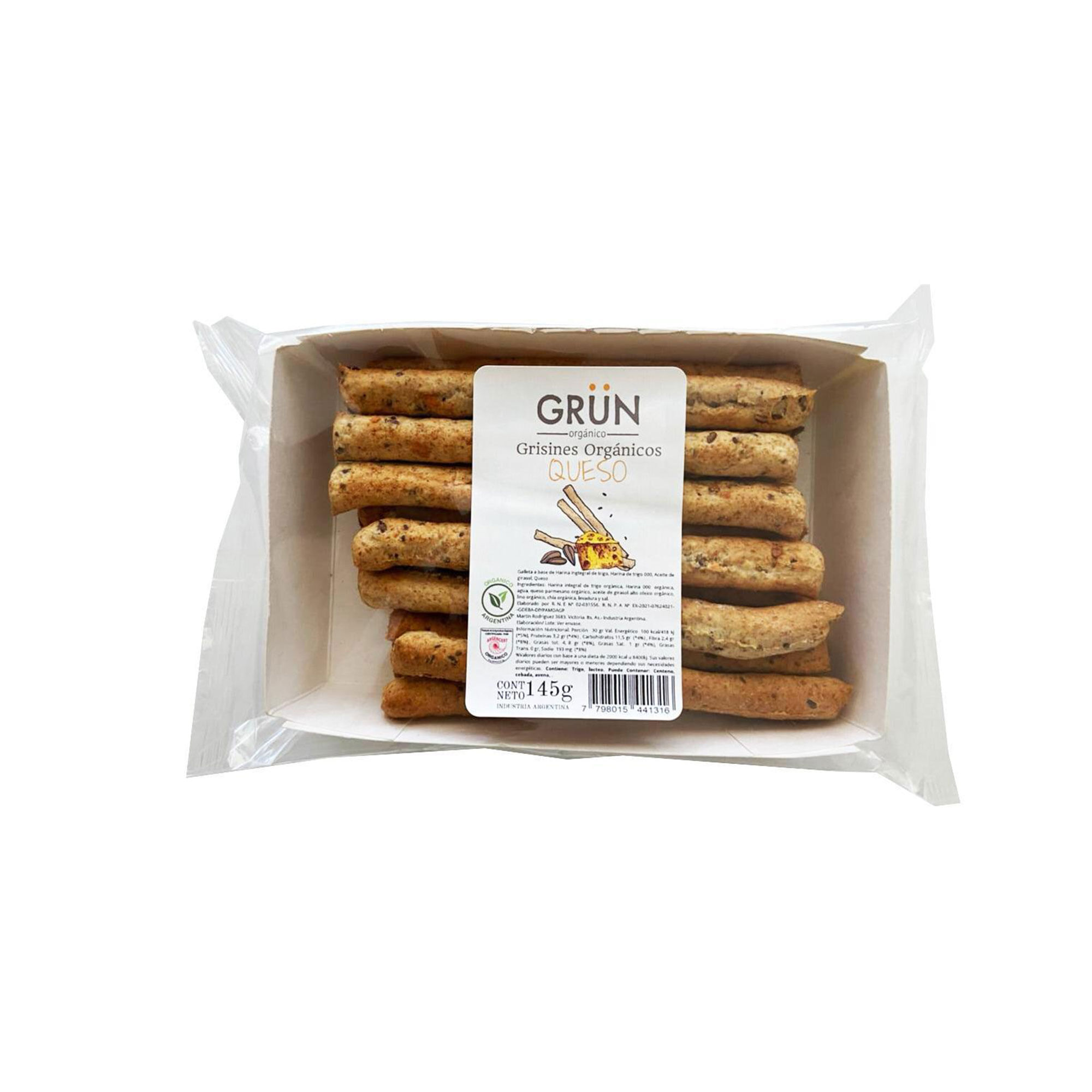 Galleta grisin orgánica queso Grun paquete 145 g.