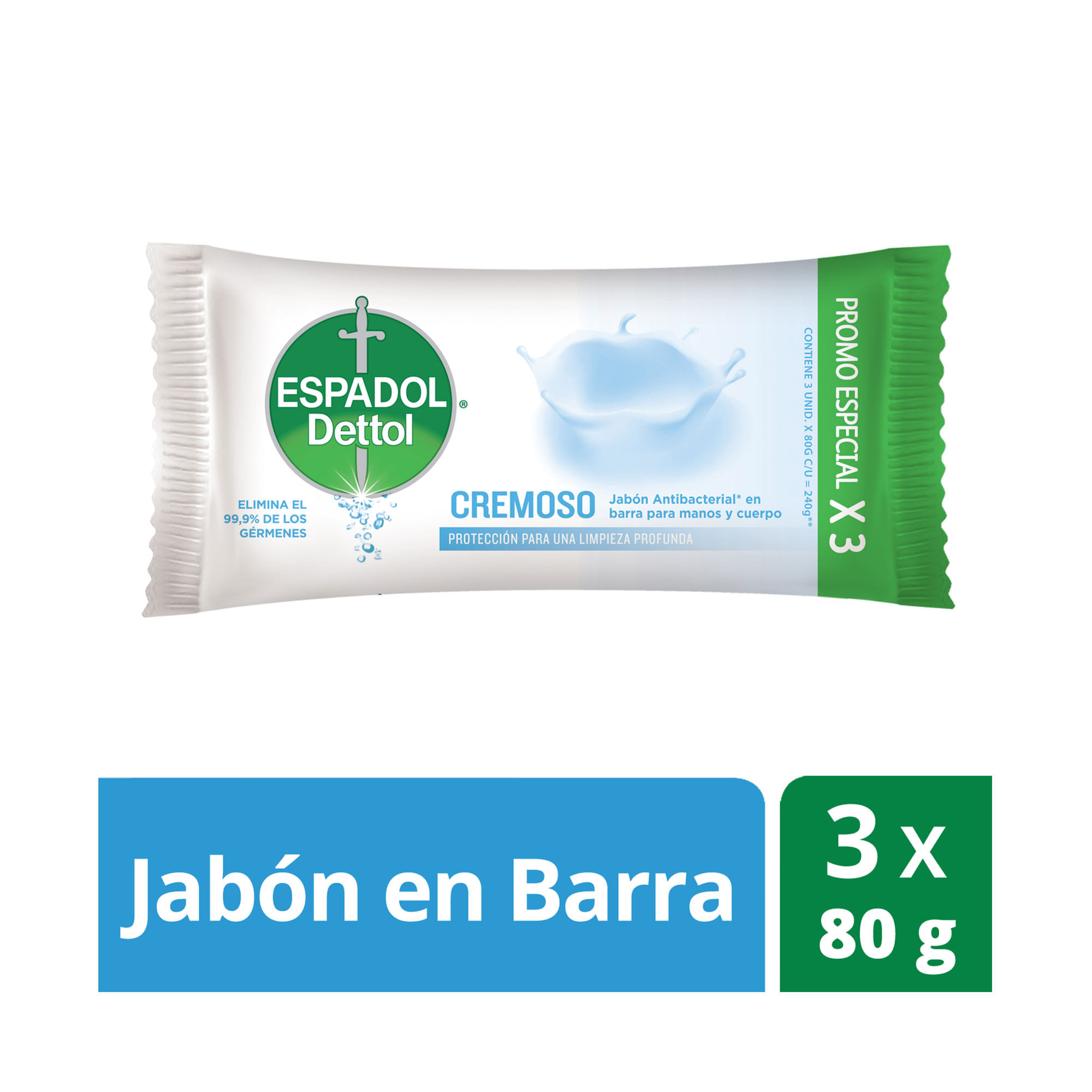 Jabón en barra cremoso Espadol Dettol x3 80 g.