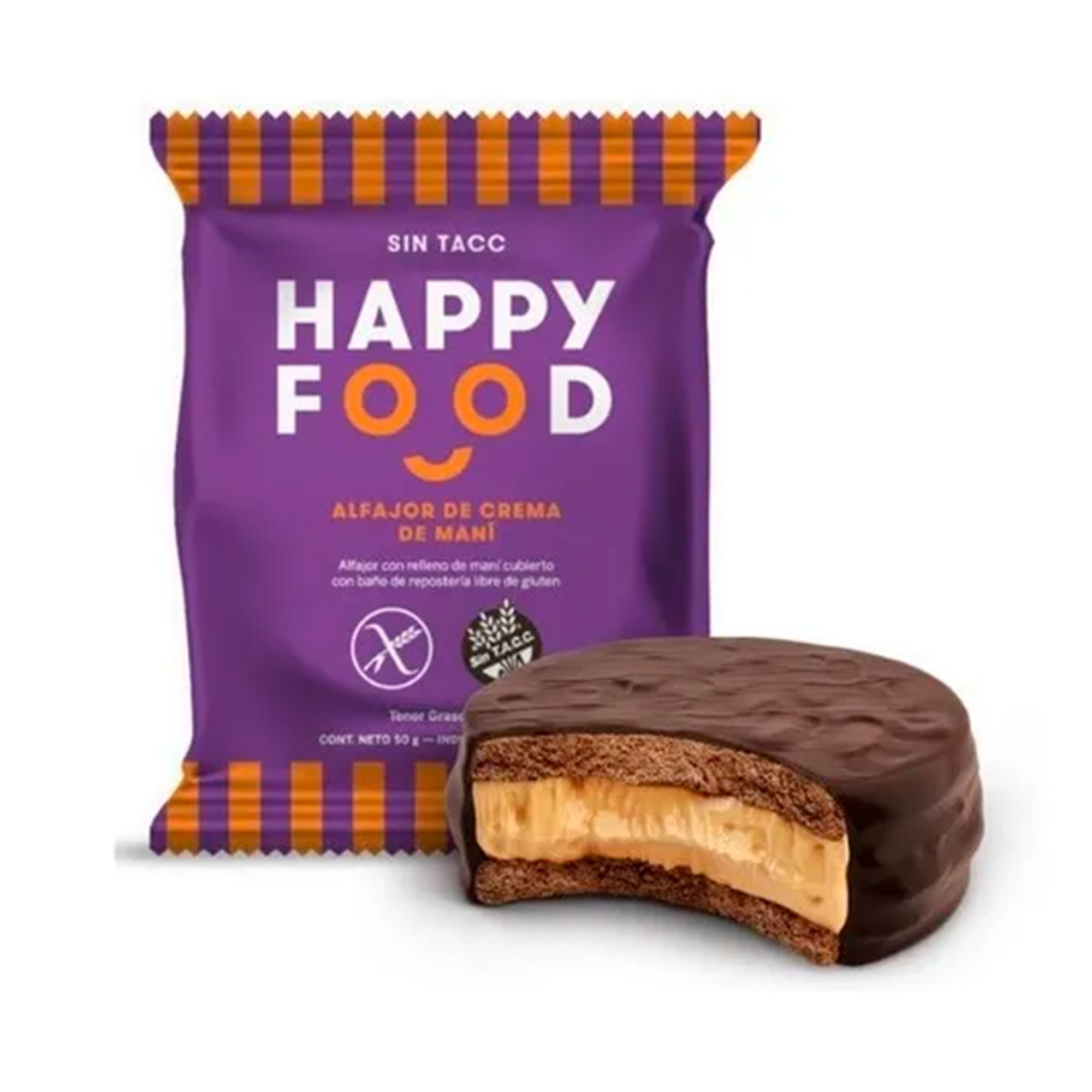 Alfajor Happy food relleno de mani sin tacc 3x 50 g.
