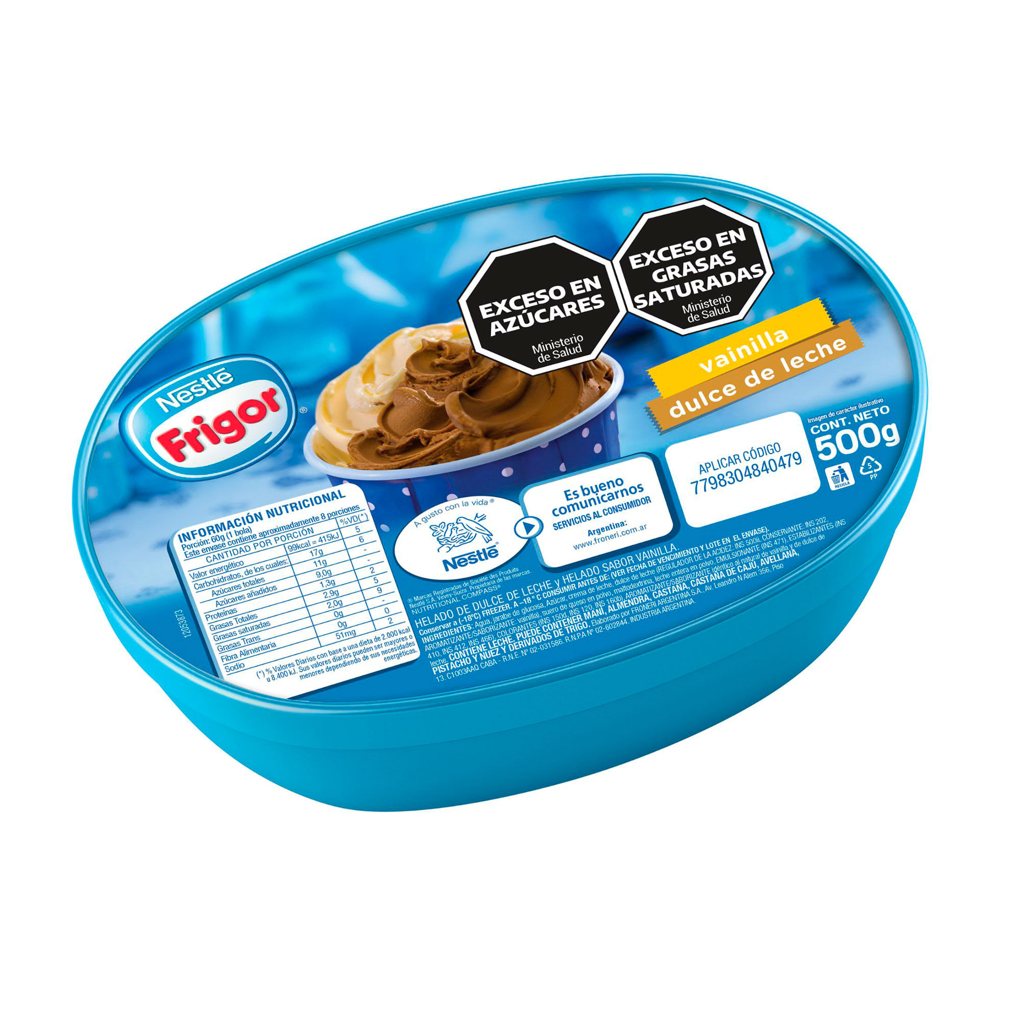 Helado Frigor sabor vainilla y dulce de leche en pote 500 g