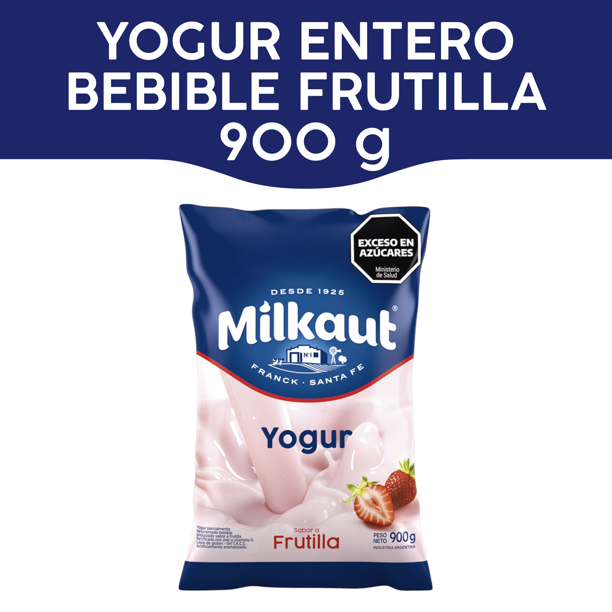 Yogur entero Milkaut frutilla sachet 900 g.