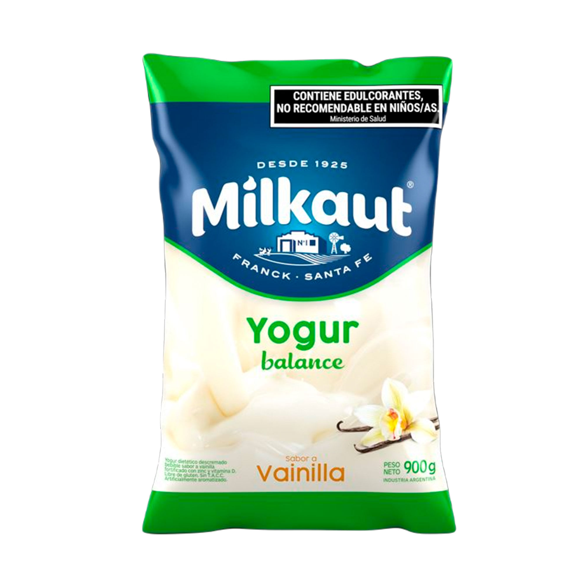 Yogur descremado Milkaut de vainilla en sachet 900 g.