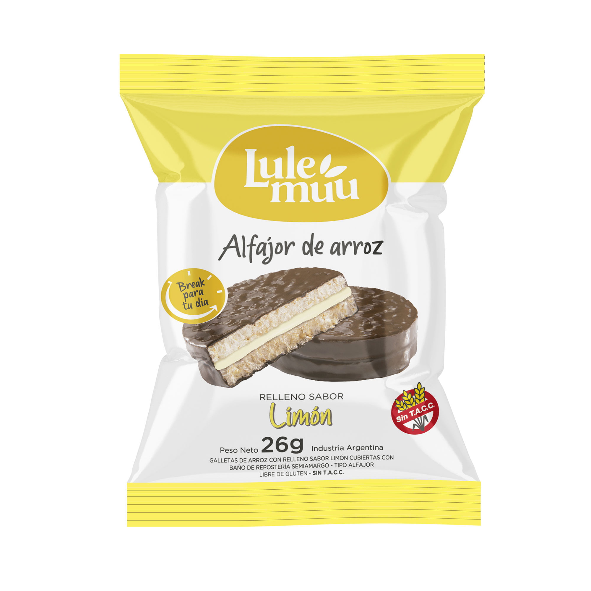 Alfajor de arroz Lulemuu relleno de limón 22 g.