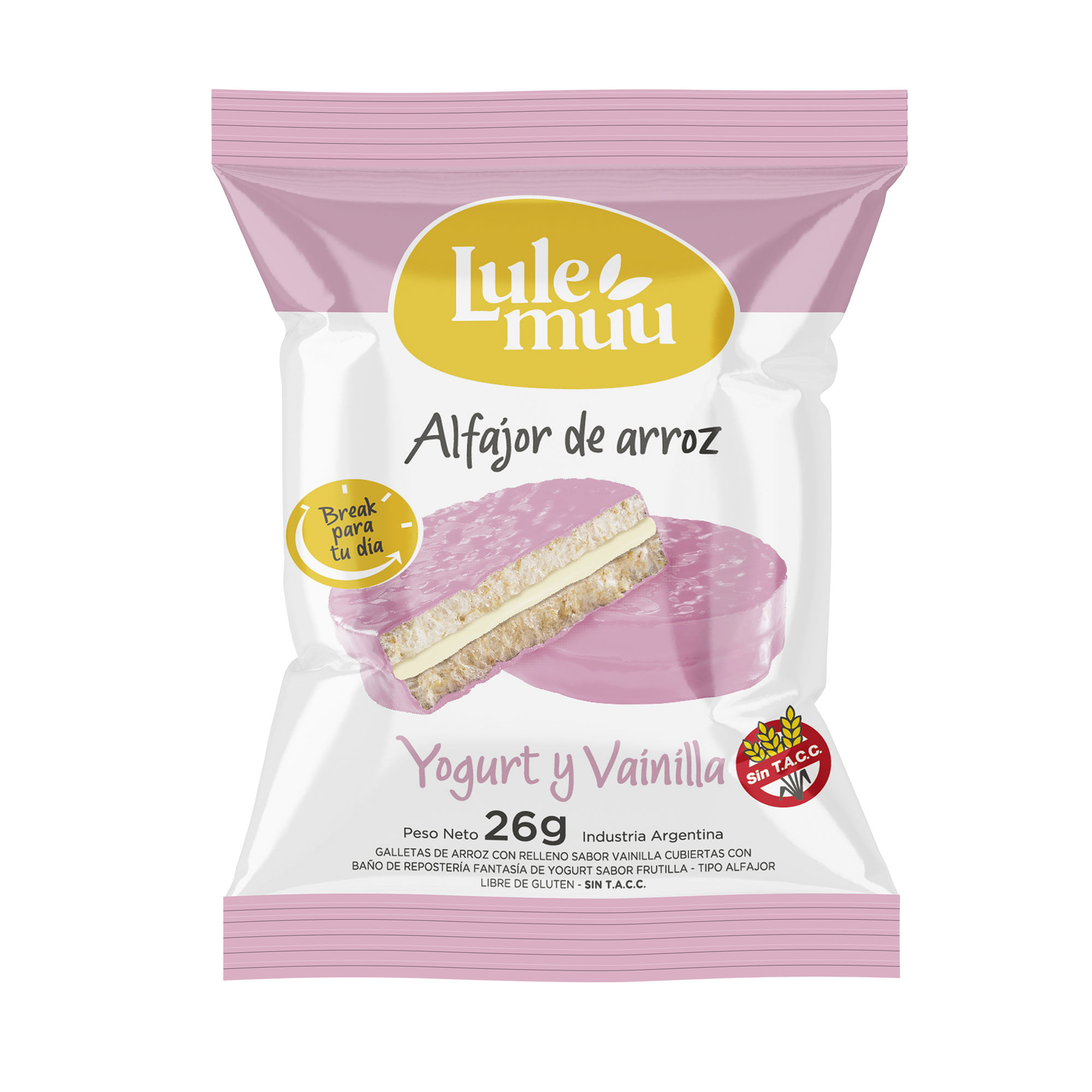 Alfajor de arroz Lulemuu relleno de frutilla 22 g.
