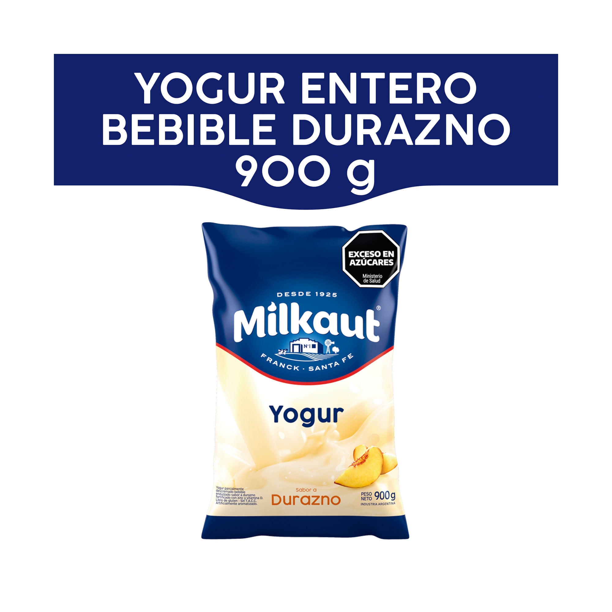 Yogur entero Milkaut de durazno en sachet 900 g.