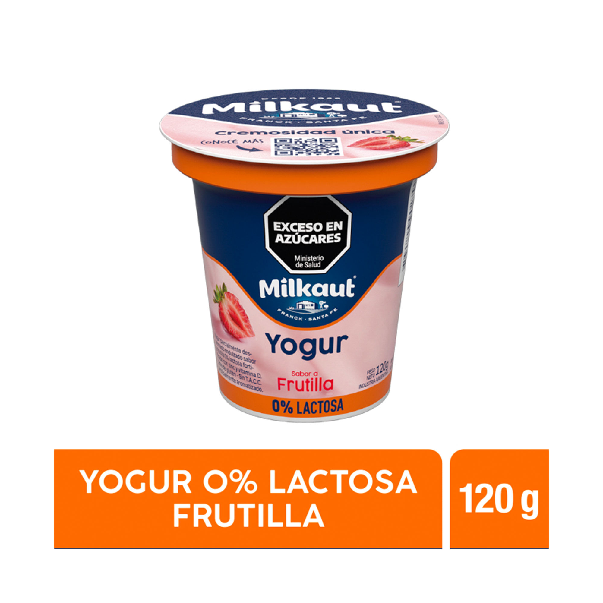 Yogur entero Milkaut de frutilla 0 lact en pote 120 g.