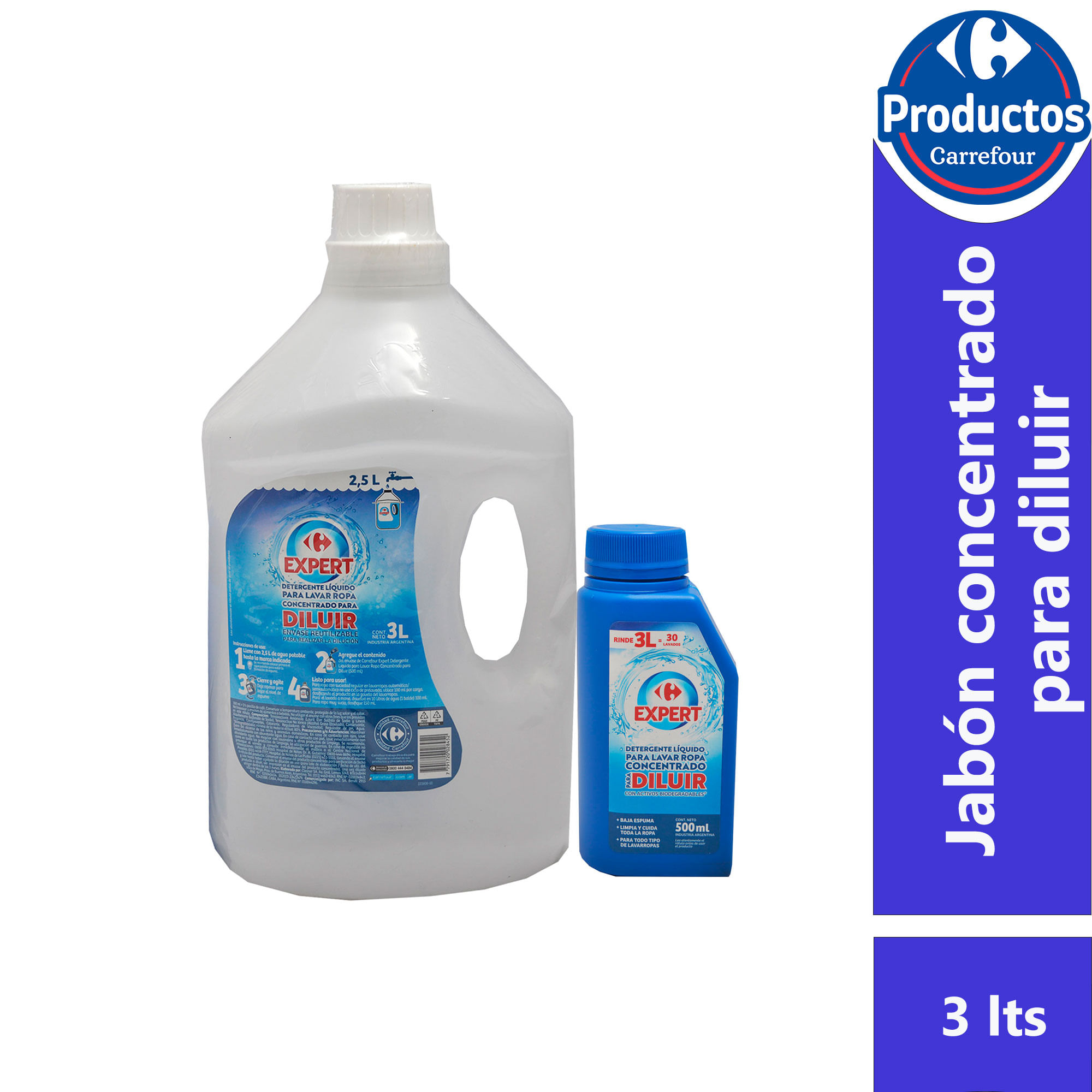 Jabón líquido para ropa Carrefour Expert para diluir en botella 500 ml + bidón 3 lts.