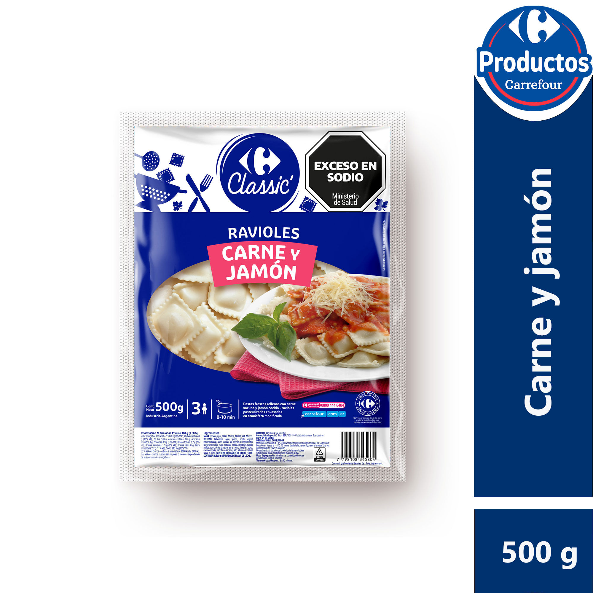 Ravioles Carrefour classic carne y jamón 500 g.