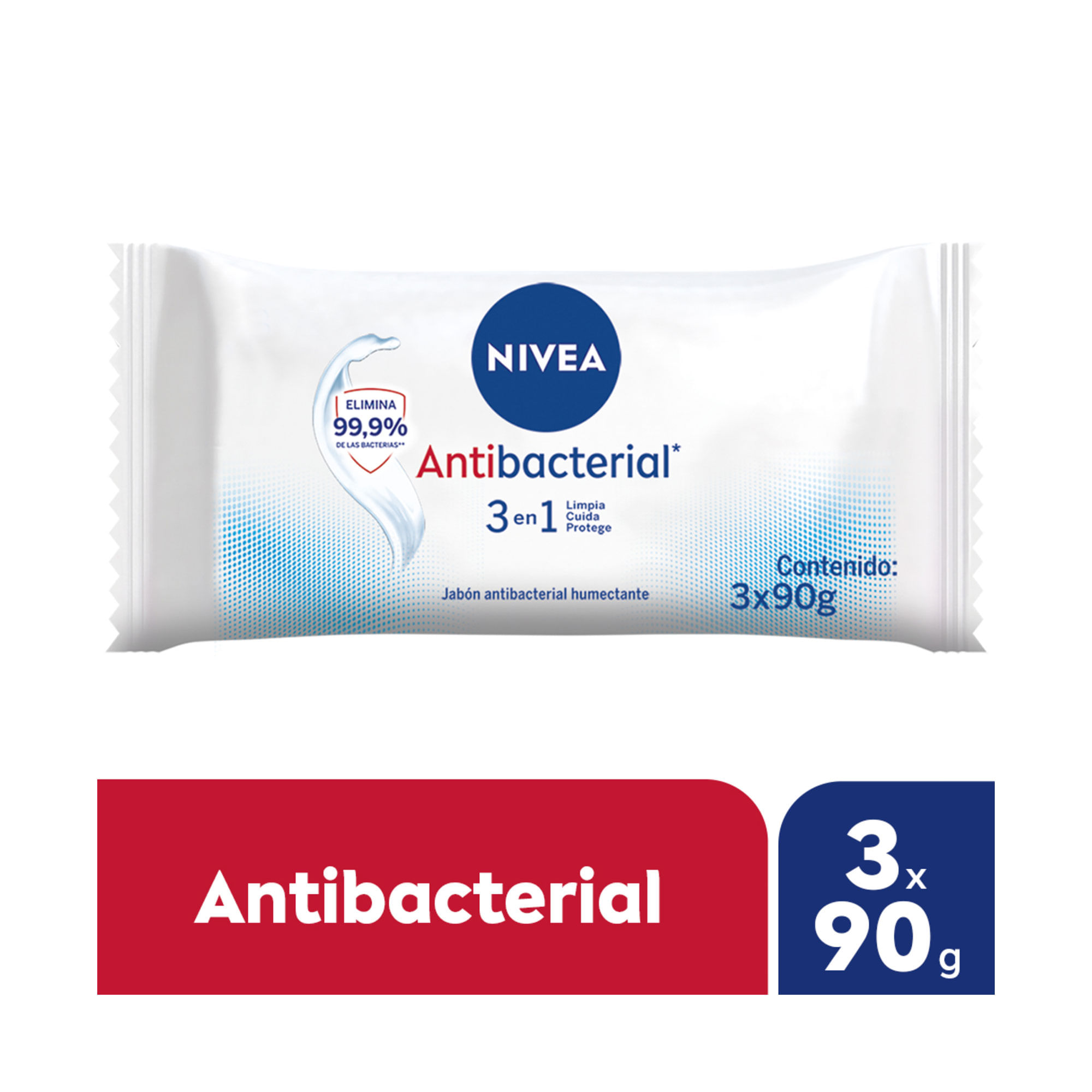 Jabón humectante Nivea antibacterial 3 en 1 para todo tipo de piel 3 x 90 g.
