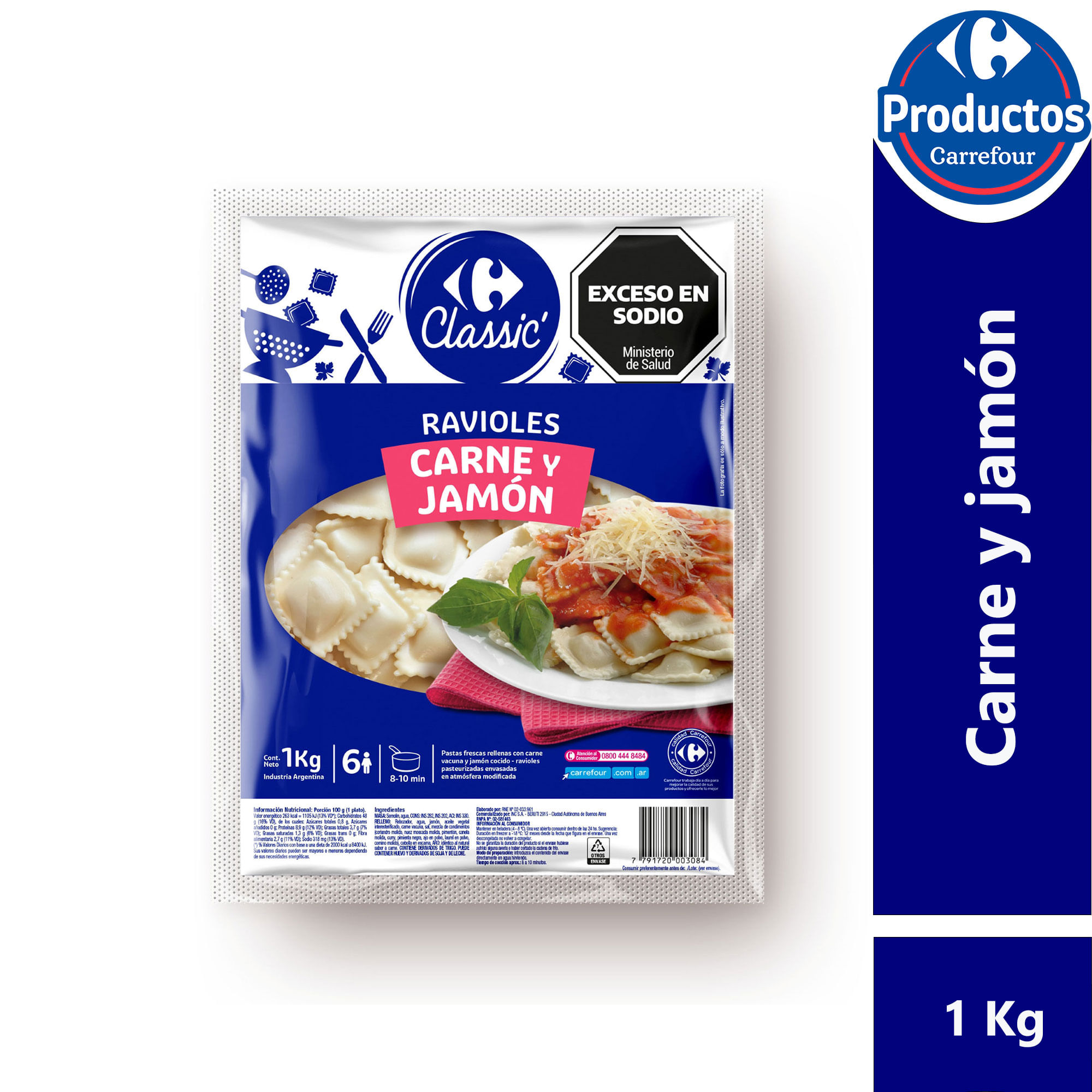 Ravioles Carrefour classic jamón y carne 1 kg.