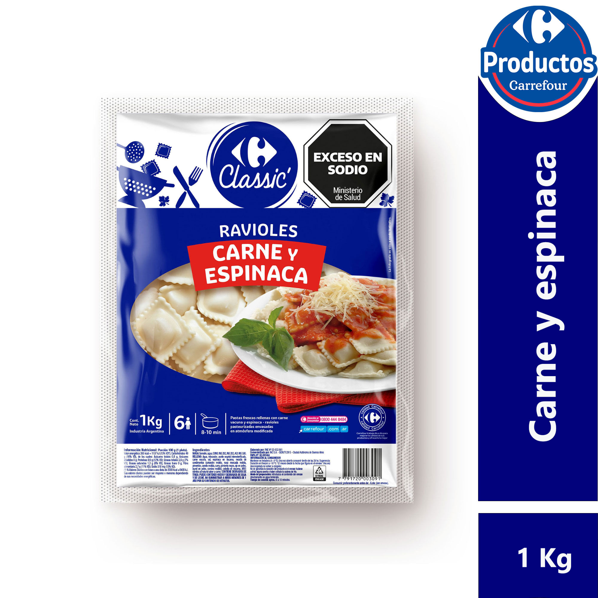 Ravioles Carrefour classic espinaca y carne 1 kg.