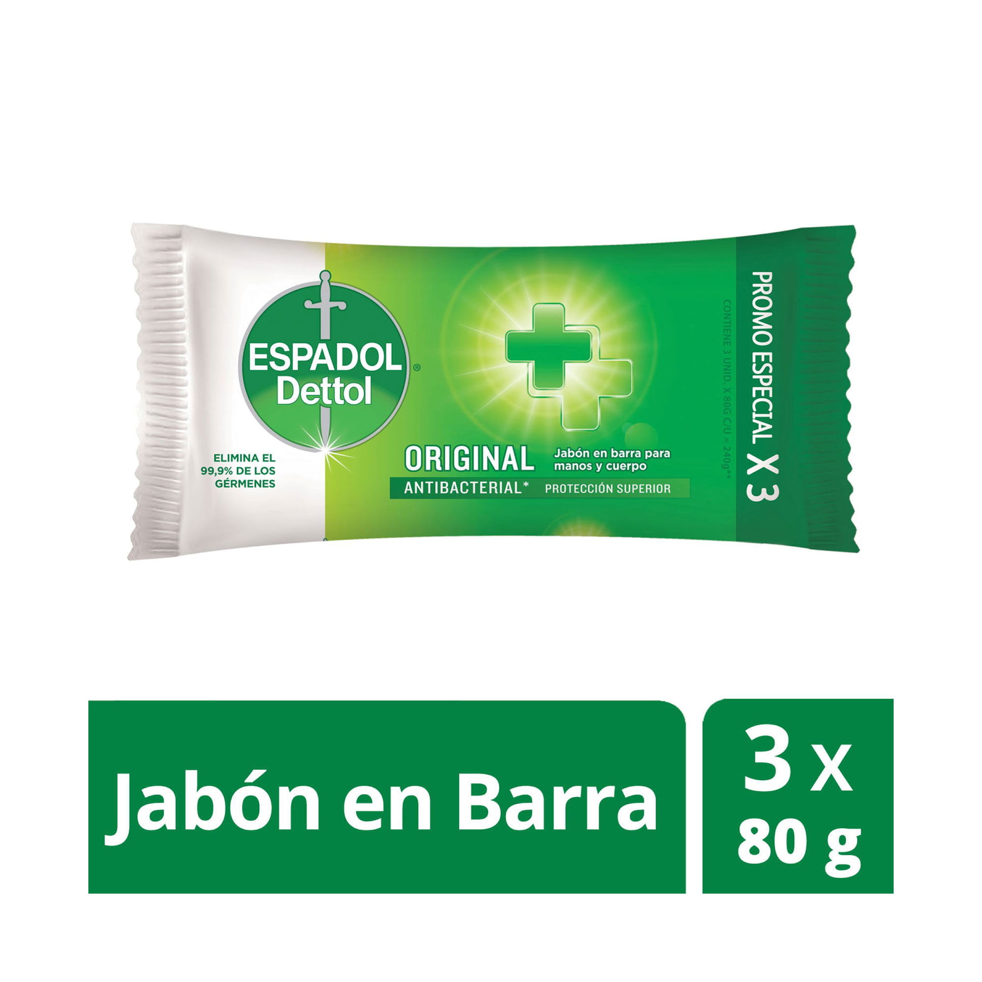 Jabón en barra original Espadol Dettol x3 80 g.