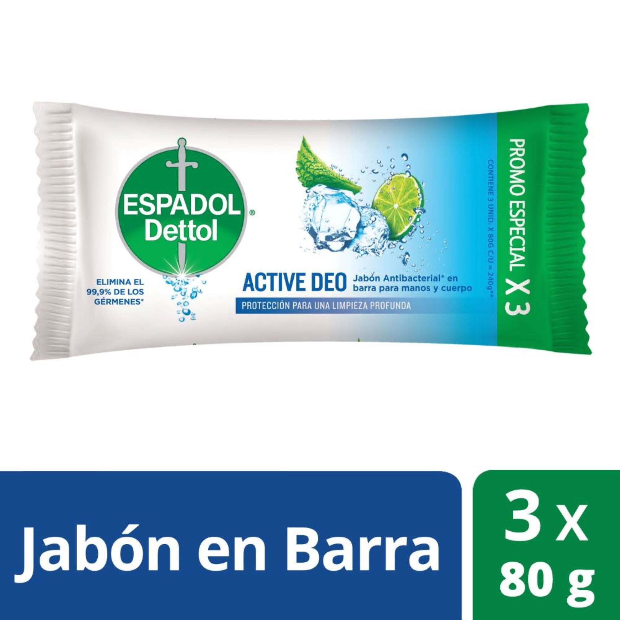 Jabón en barra active deo Espadol Dettol x3 80 g.
