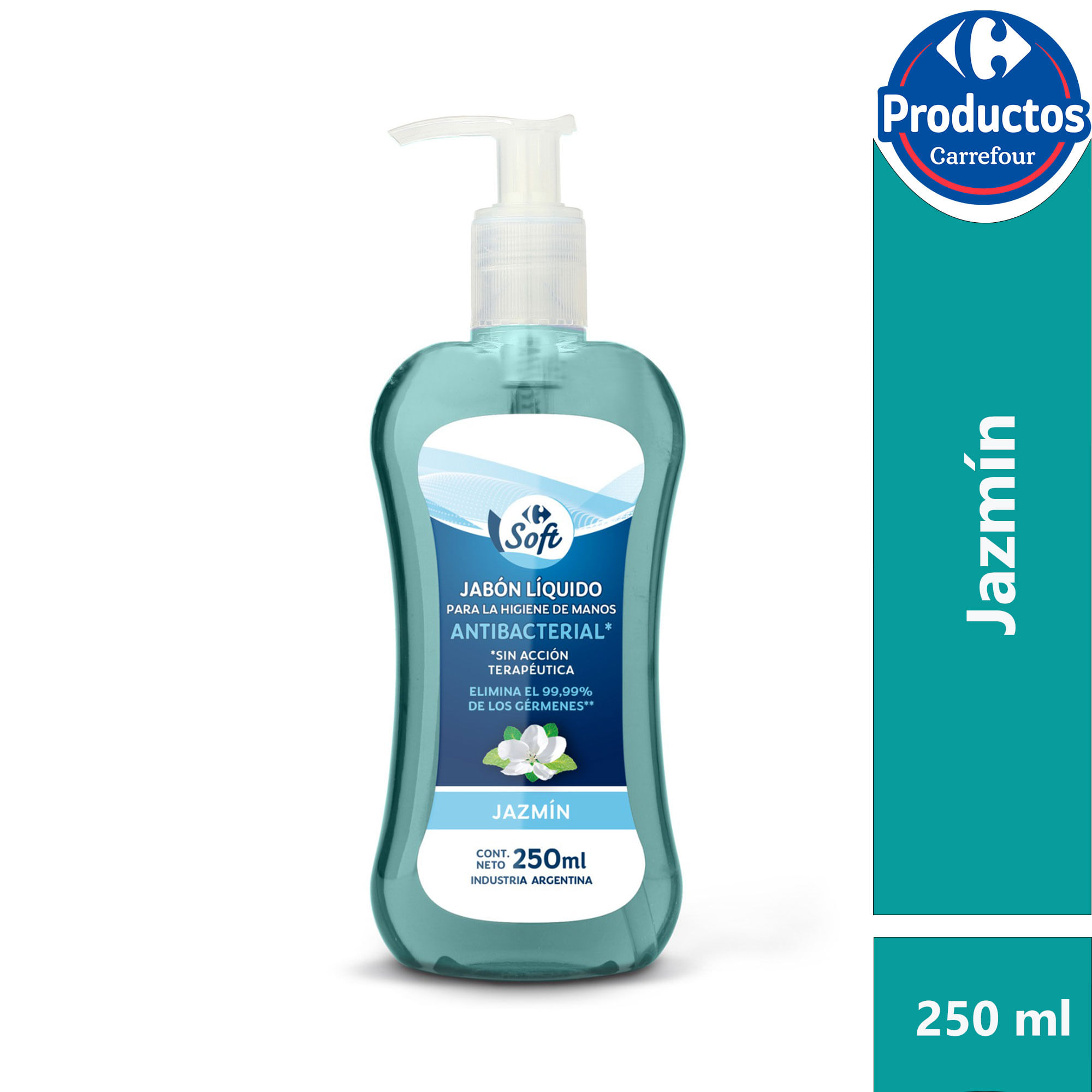 Jabón antibacterial Carrefour Soft de jazmin en botella 250 cc.
