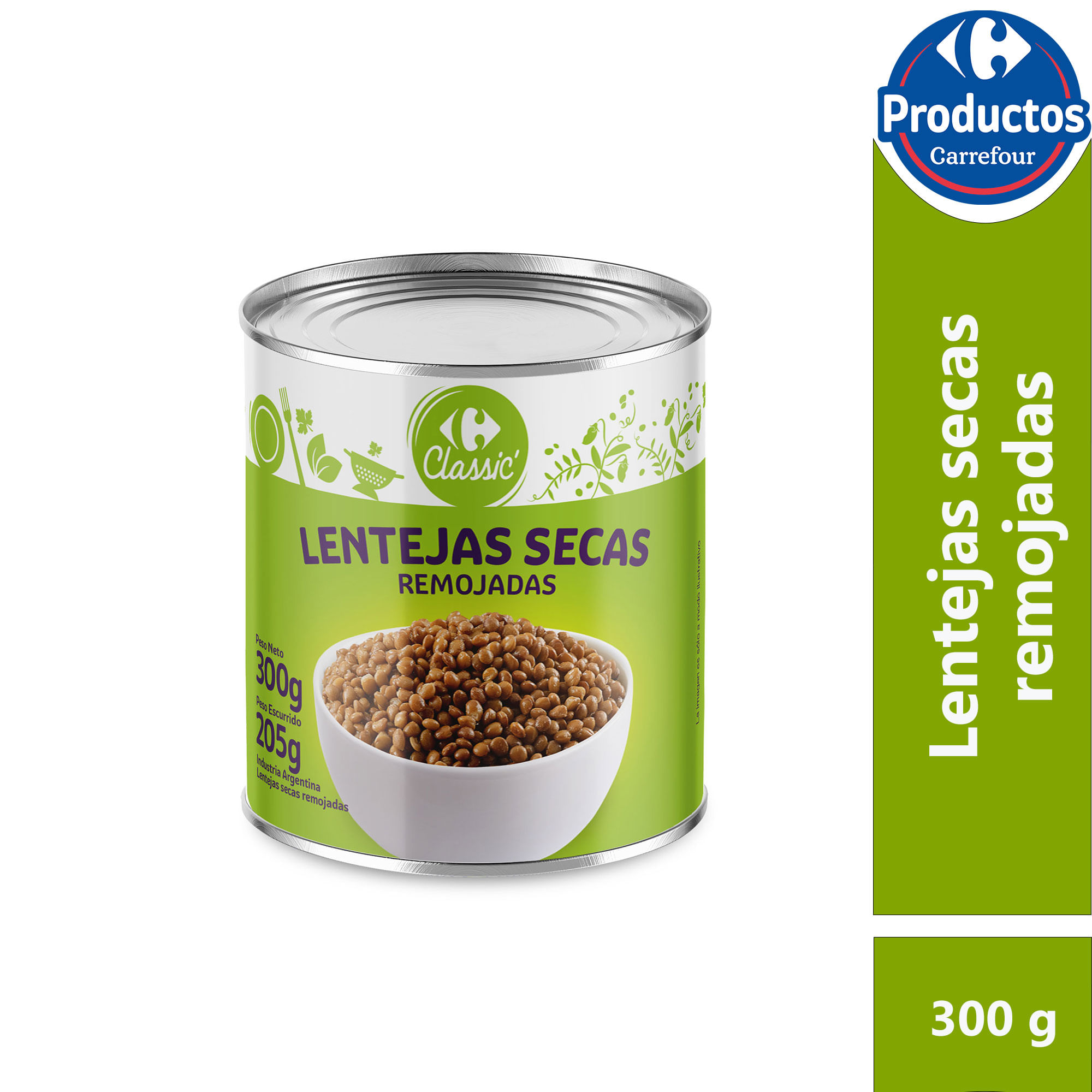 Lentejas secas remojadas Carrefour classic en lata 300 g.