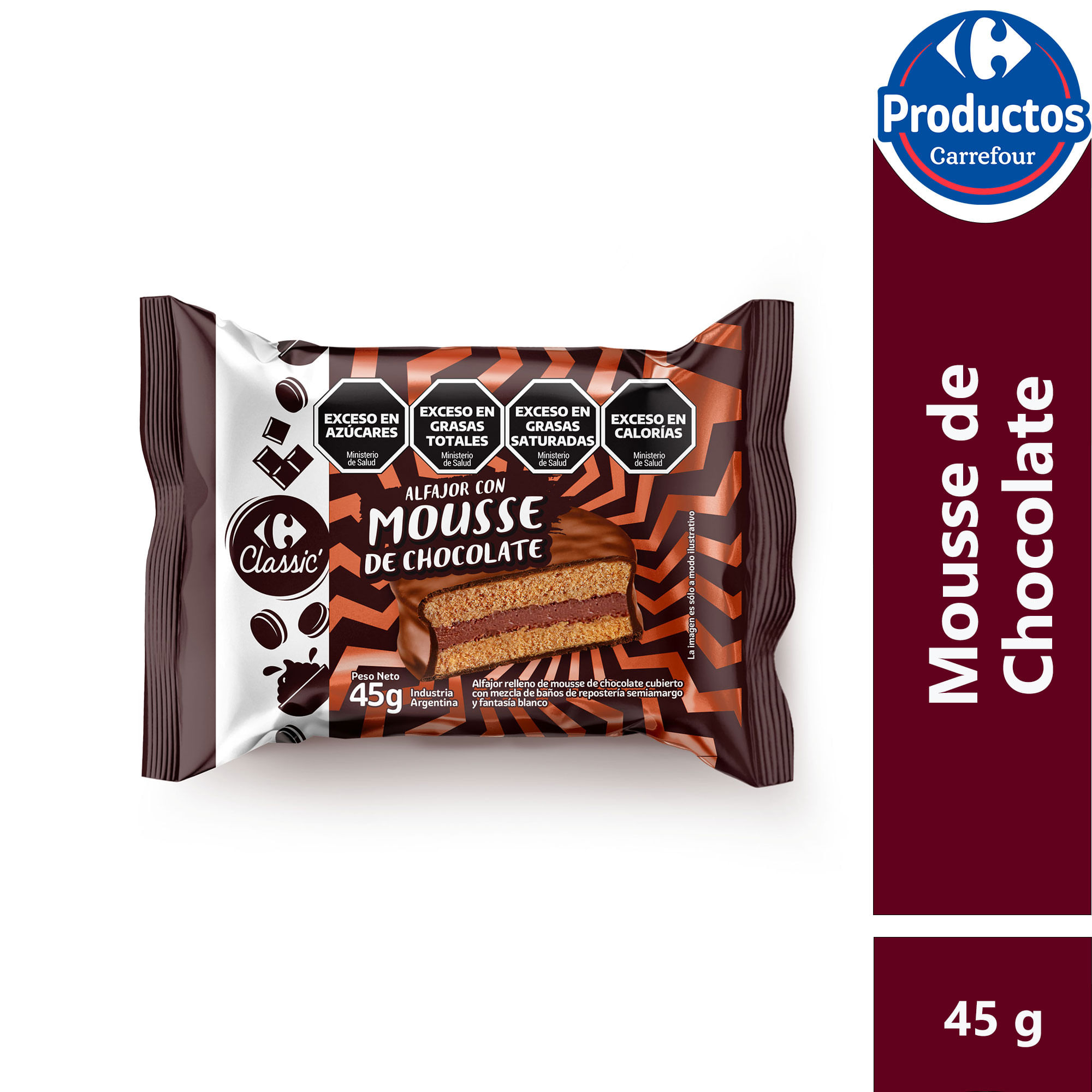 Alfajor mousse de chocolate Carrefour Classic 45 g.