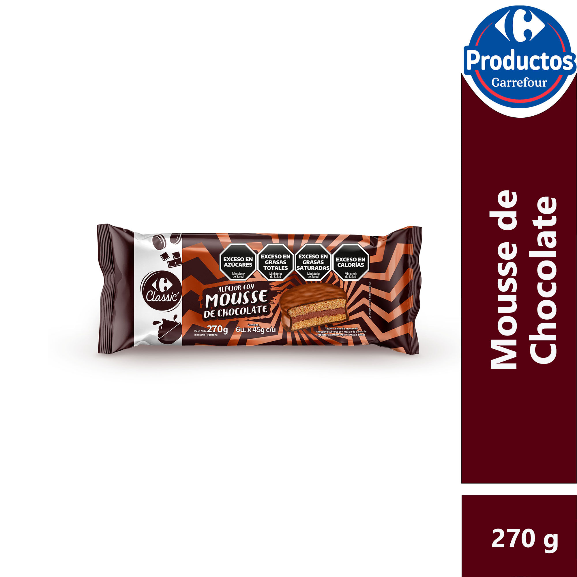 Alfajor mousse de chocolate Carrefour Classic x6 45 g.