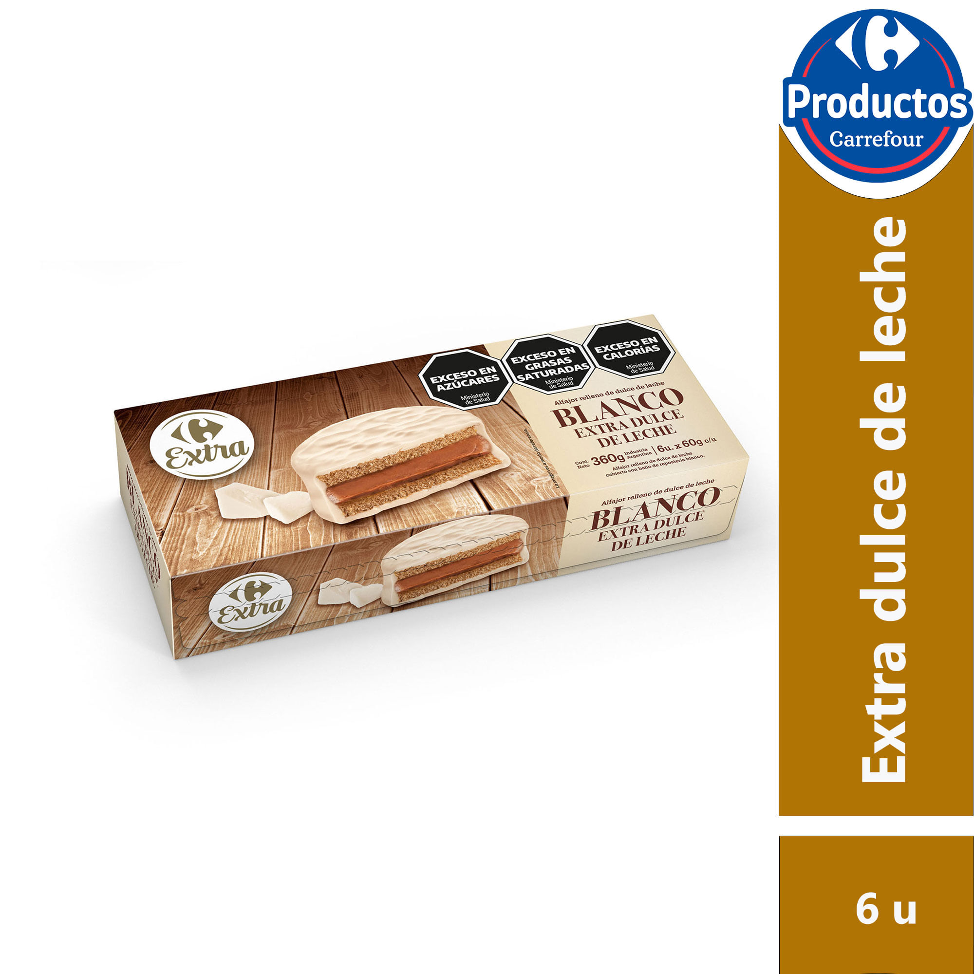 Alfajor Carrefour extra de chocolate blanco x6 60 g.