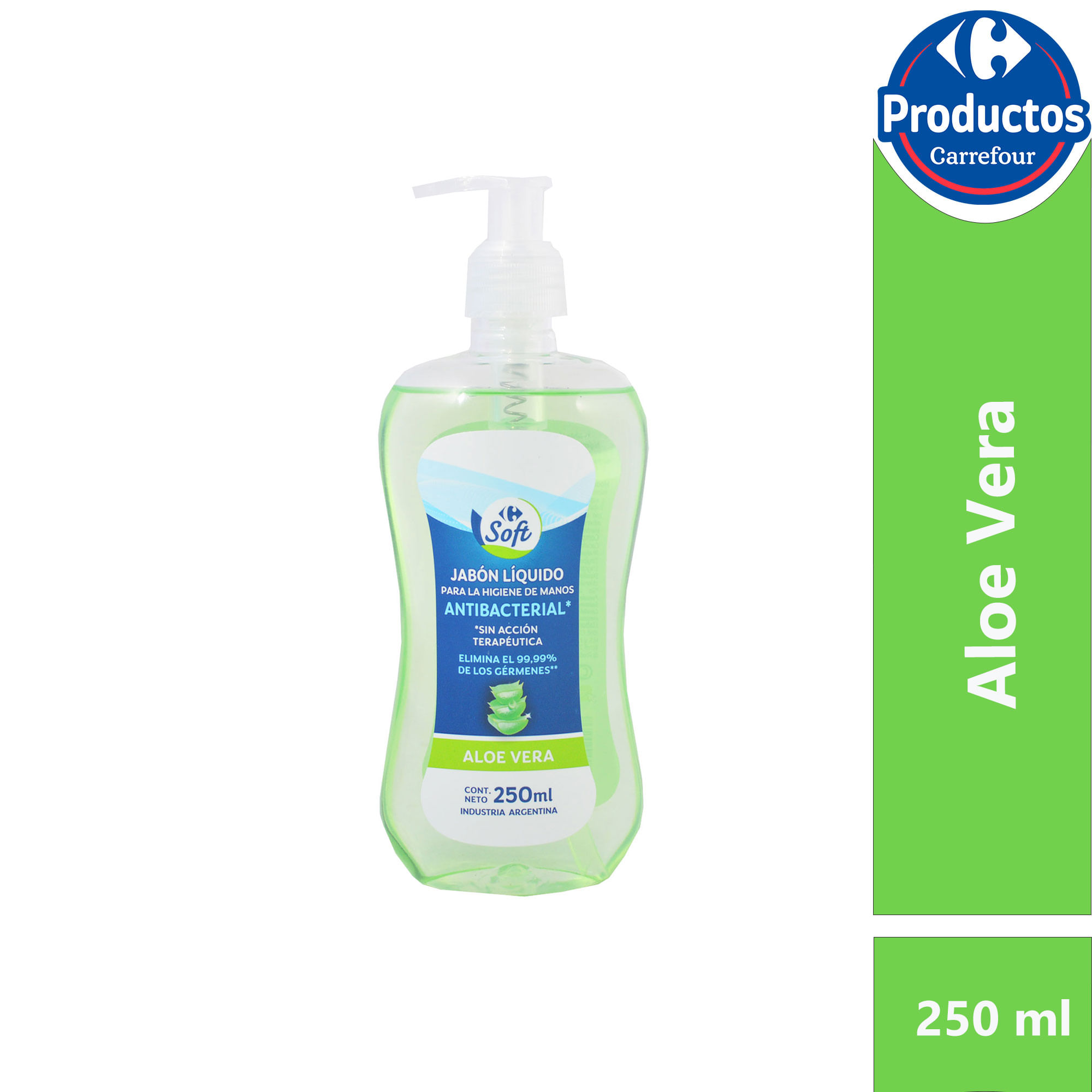 Jabón líquido antibacterial Carrefour soft aloe en botella 250 cc.
