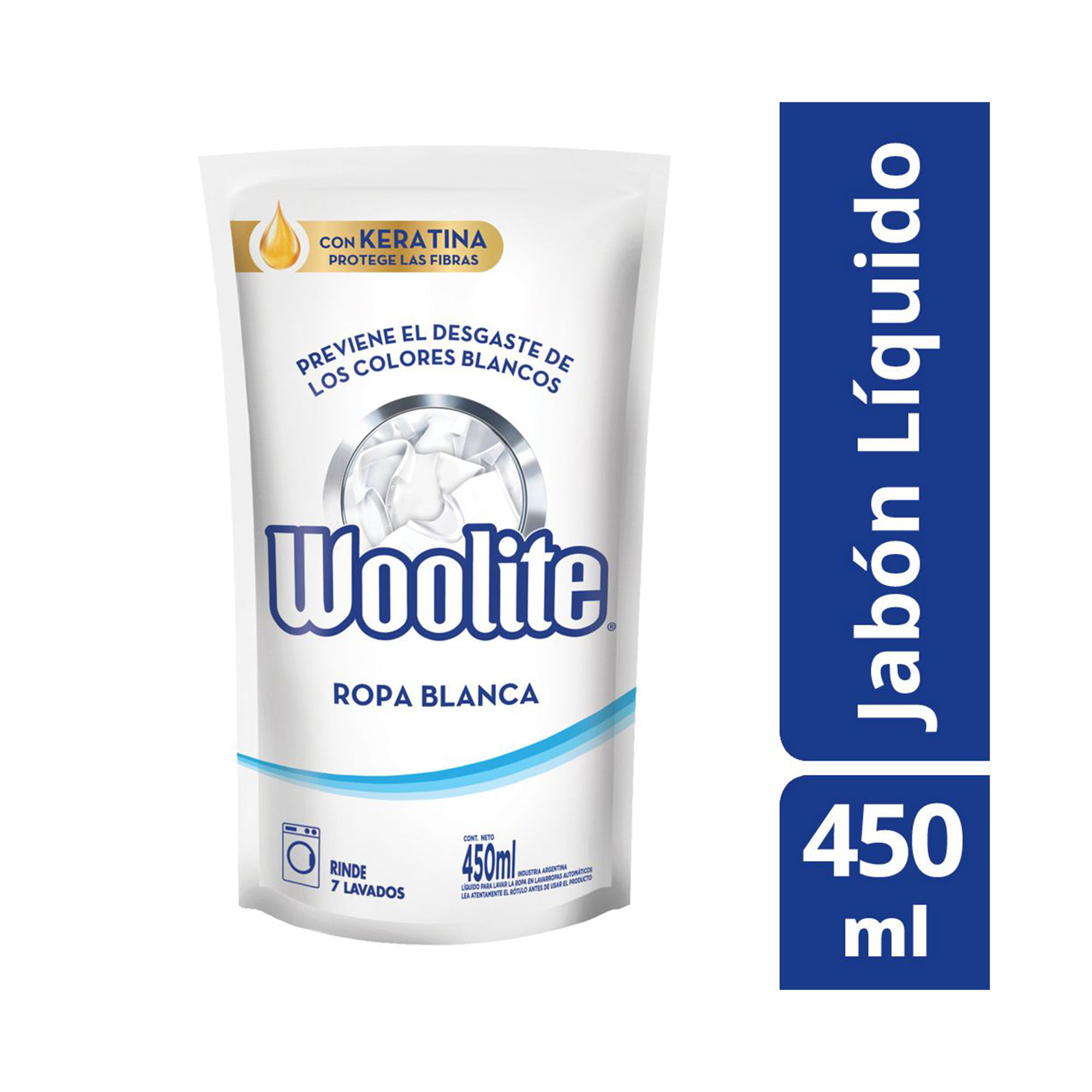 Detergente extra blanco Woolite baja aspuma 450 cc.