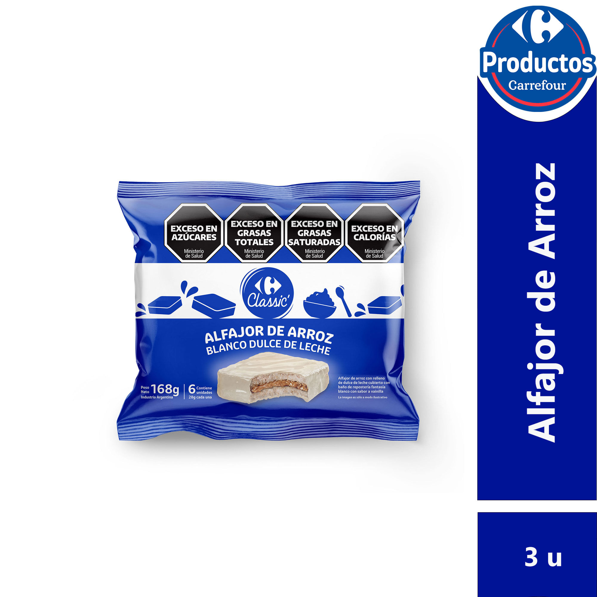 Alfajor de arroz blanco Carrefour Classic con dulce de leche x3 28 g.