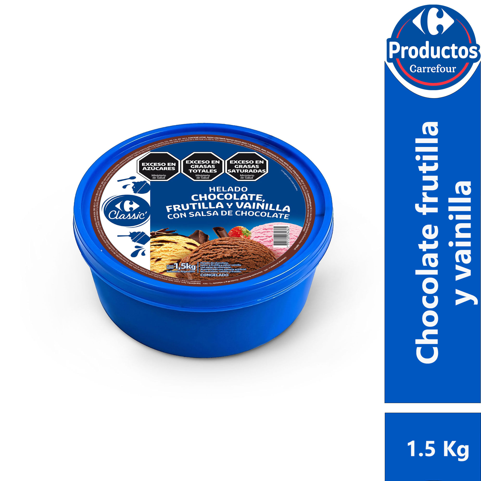 Helado Carrefour classic de chocolate vainilla y frutilla con salsa de chocolate 1.5 kg