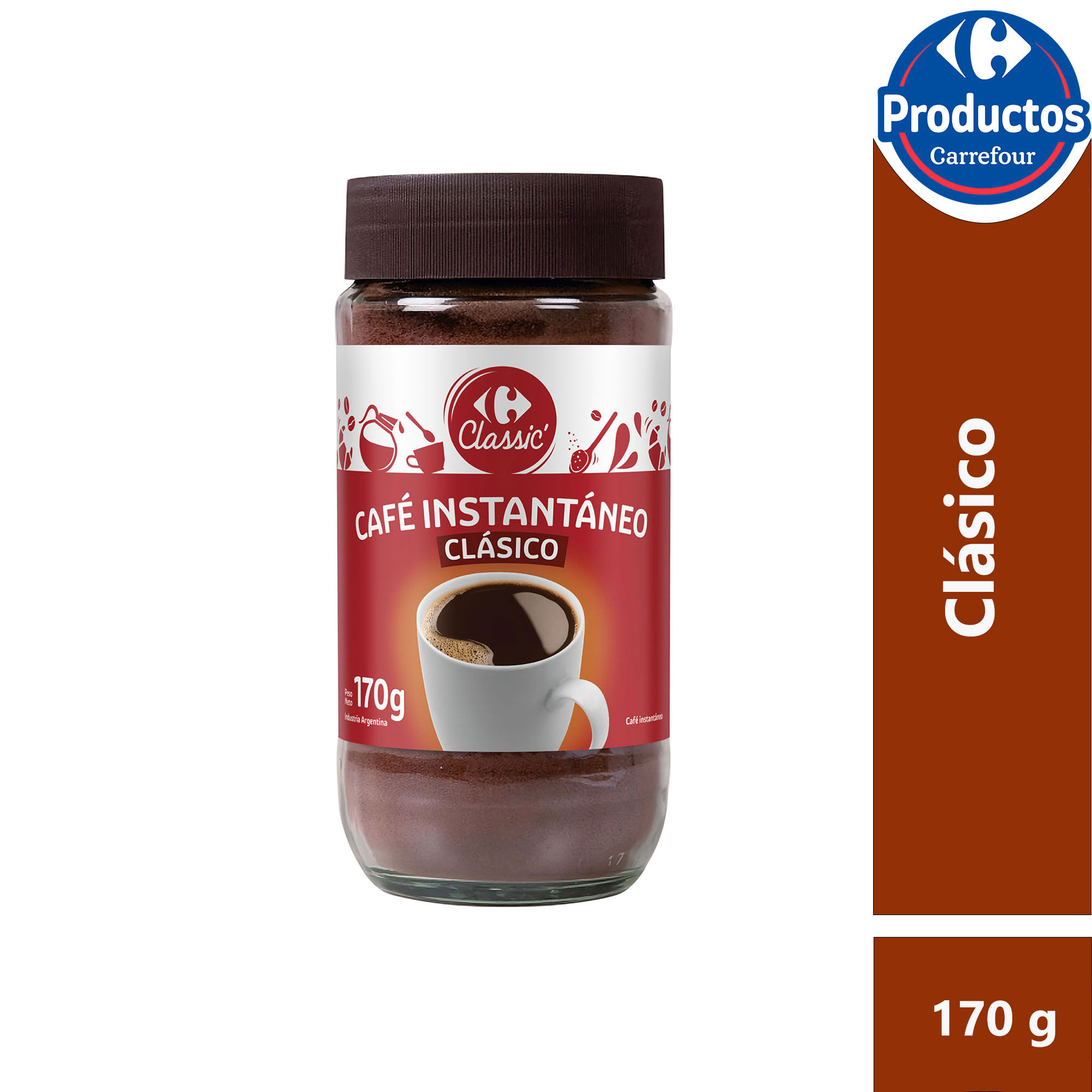 Café instantáneo clásico Carrefour Classic en frasco 170 g.