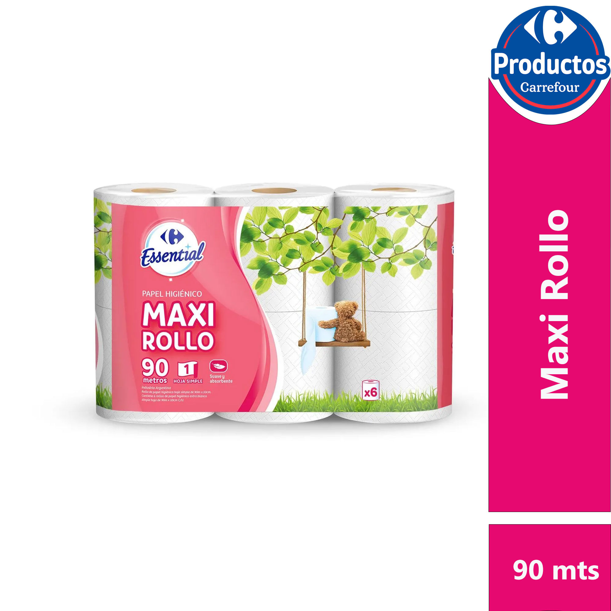 Papel higiénico hoja simple Carrefour Essential x6 90 mts.