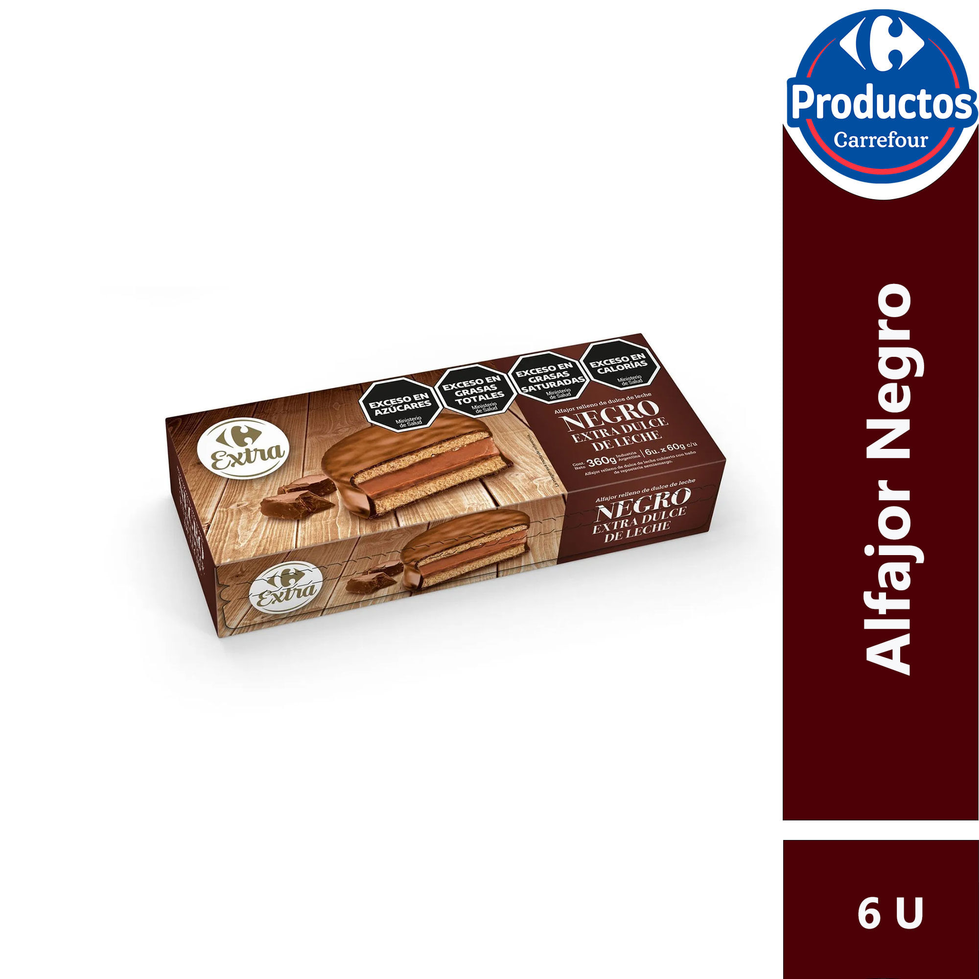 Alfajor Carrefour extra de chocolate negro x6 60 g.