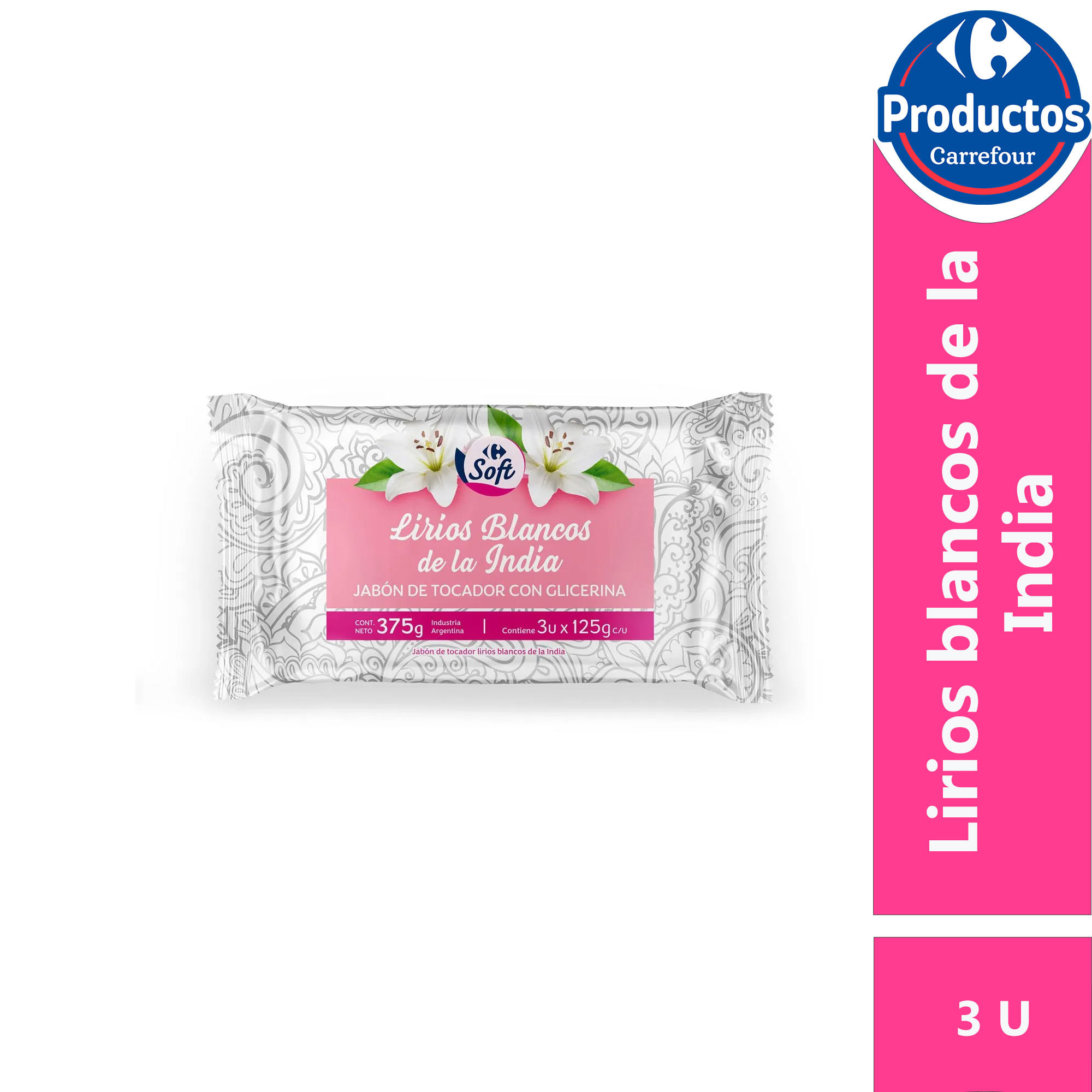 Jabón de tocador Carrefour Soft lirios blancos 3 x 125 grs