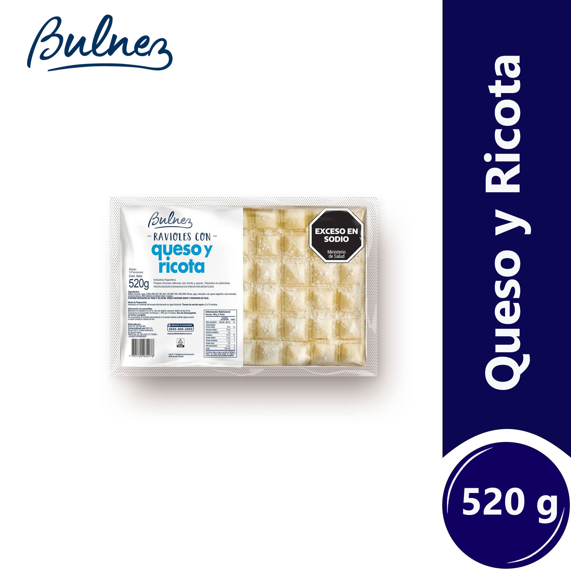 Ravioles Bulnez de ricota y queso en plancha 520 g.