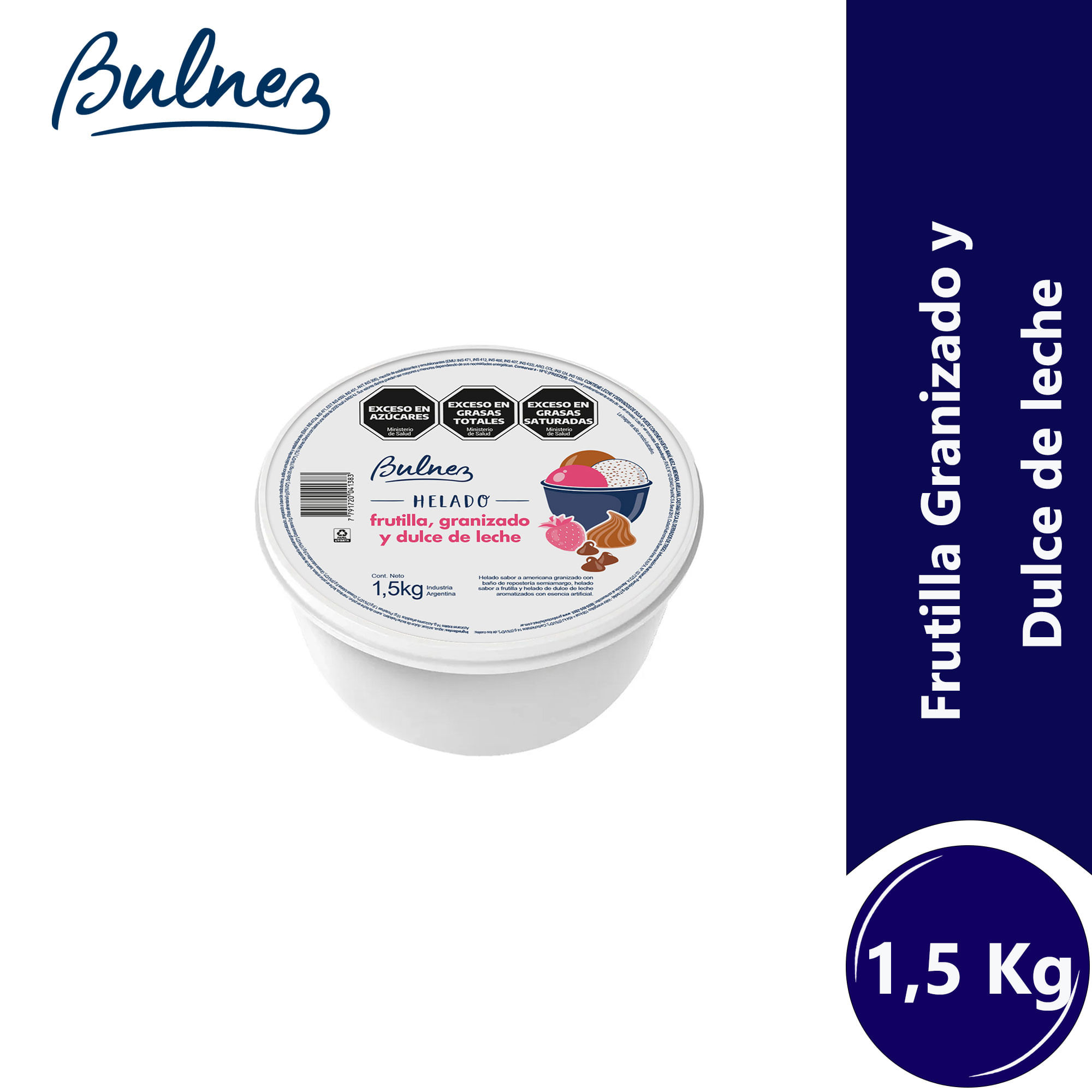 Helado de frutilla granizado y dulce de leche Bulnez en balde 1.5 kg