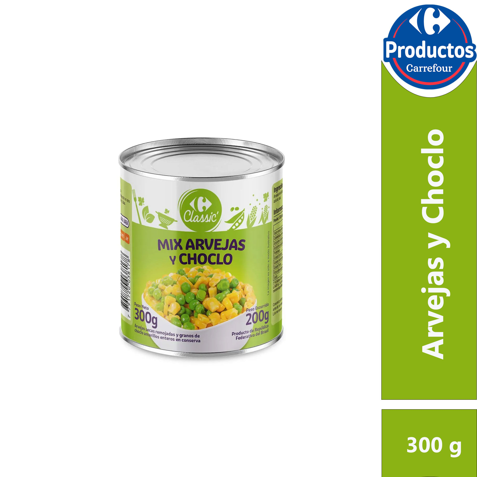 Arvejas y choclo Carrefour Classic en lata 300 grs
