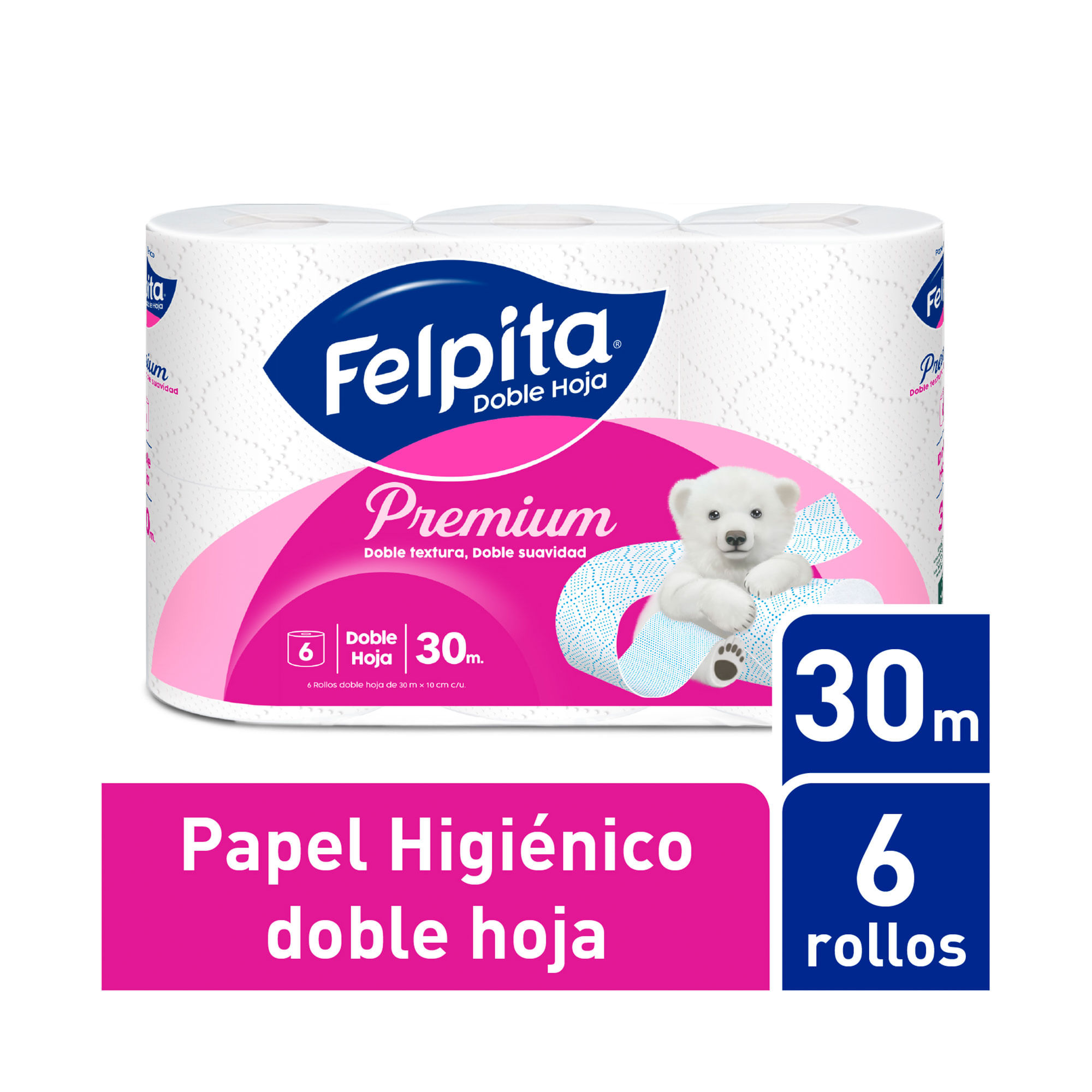 Papel higiénico Felpita doble hoja super suave 30 mts. x 6 uni