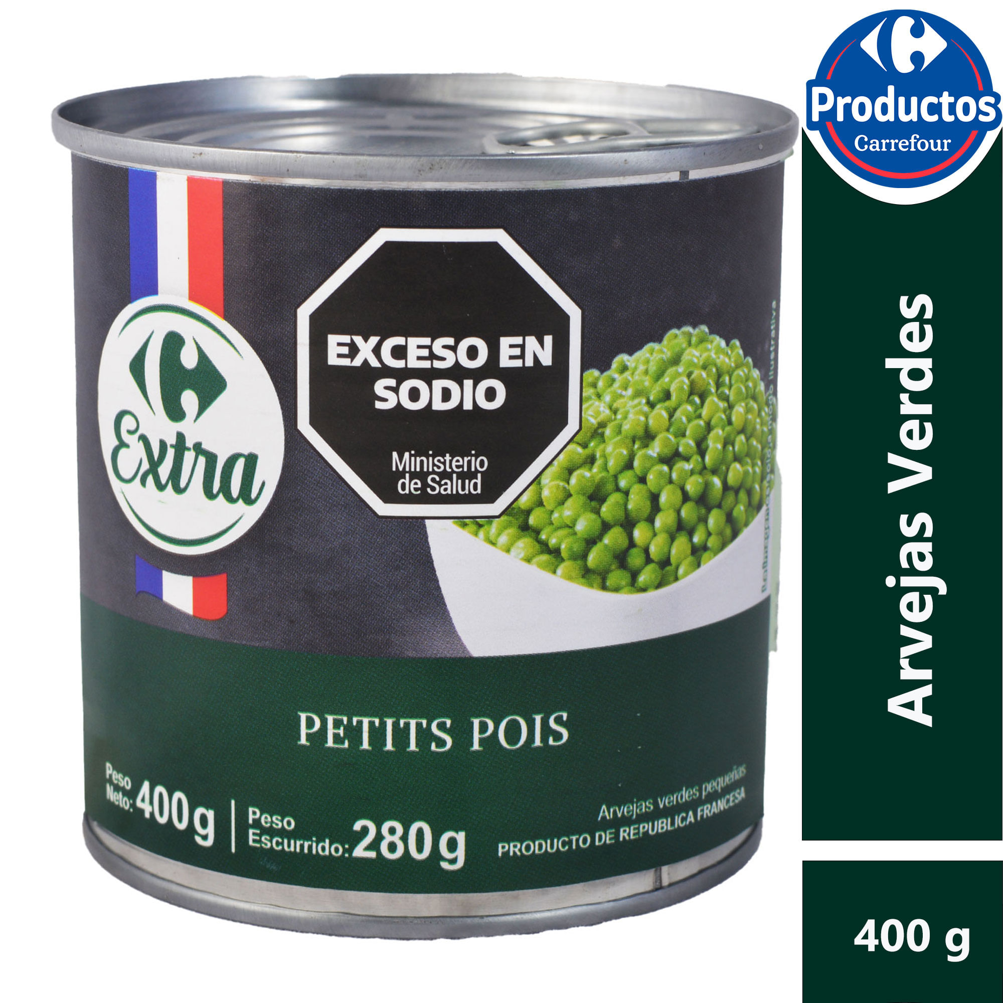 Arvejas verdes Carrefour Extra en lata 400 grs