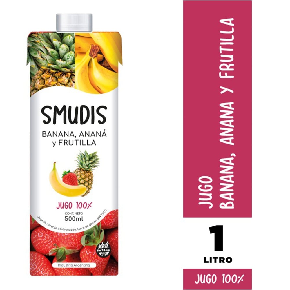 Jugo natural Smudis de ananá bañaña y frutilla brick 1 lt
