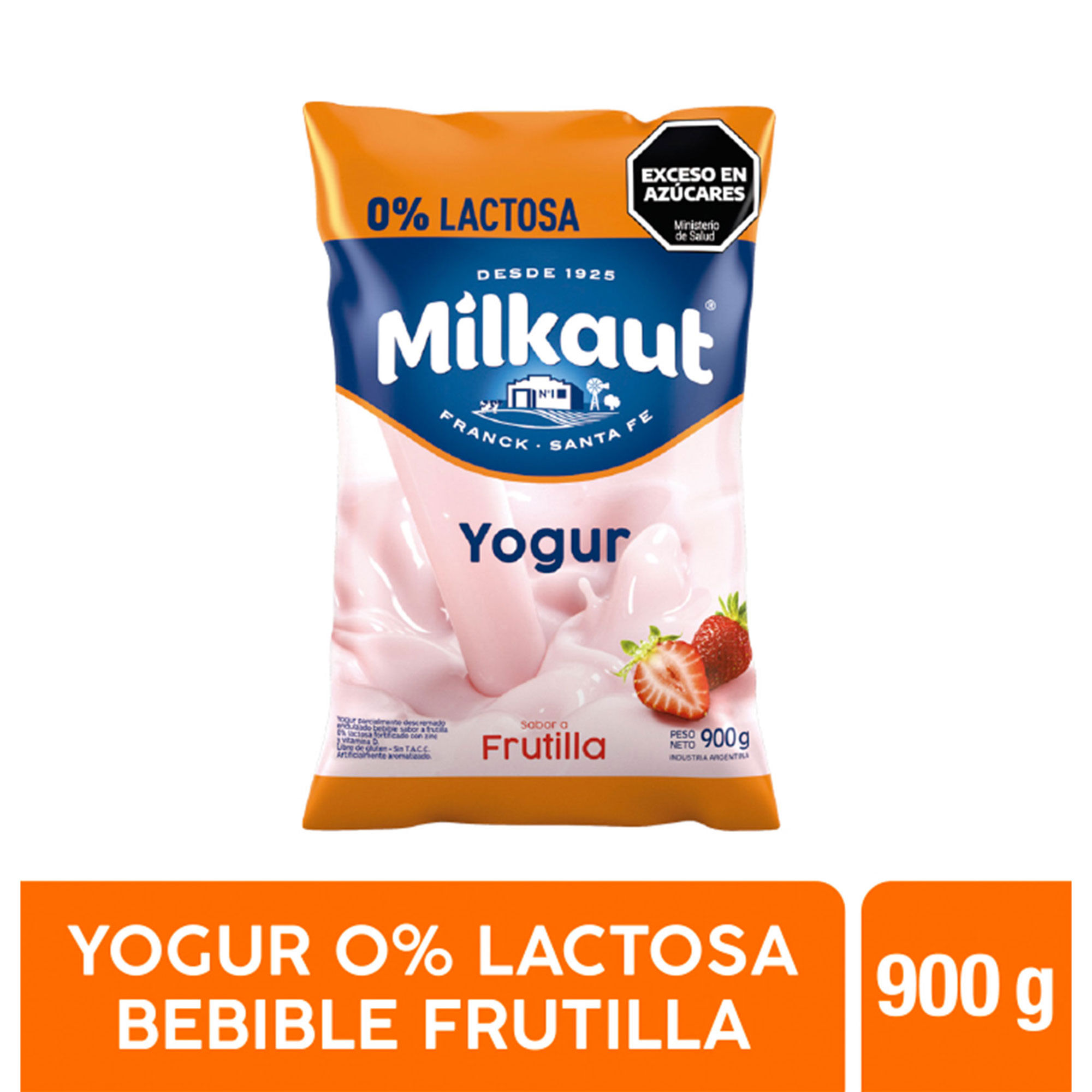 Yogur bebible entero Milkaut de frutilla 0 lactosa en sachet 900 g.