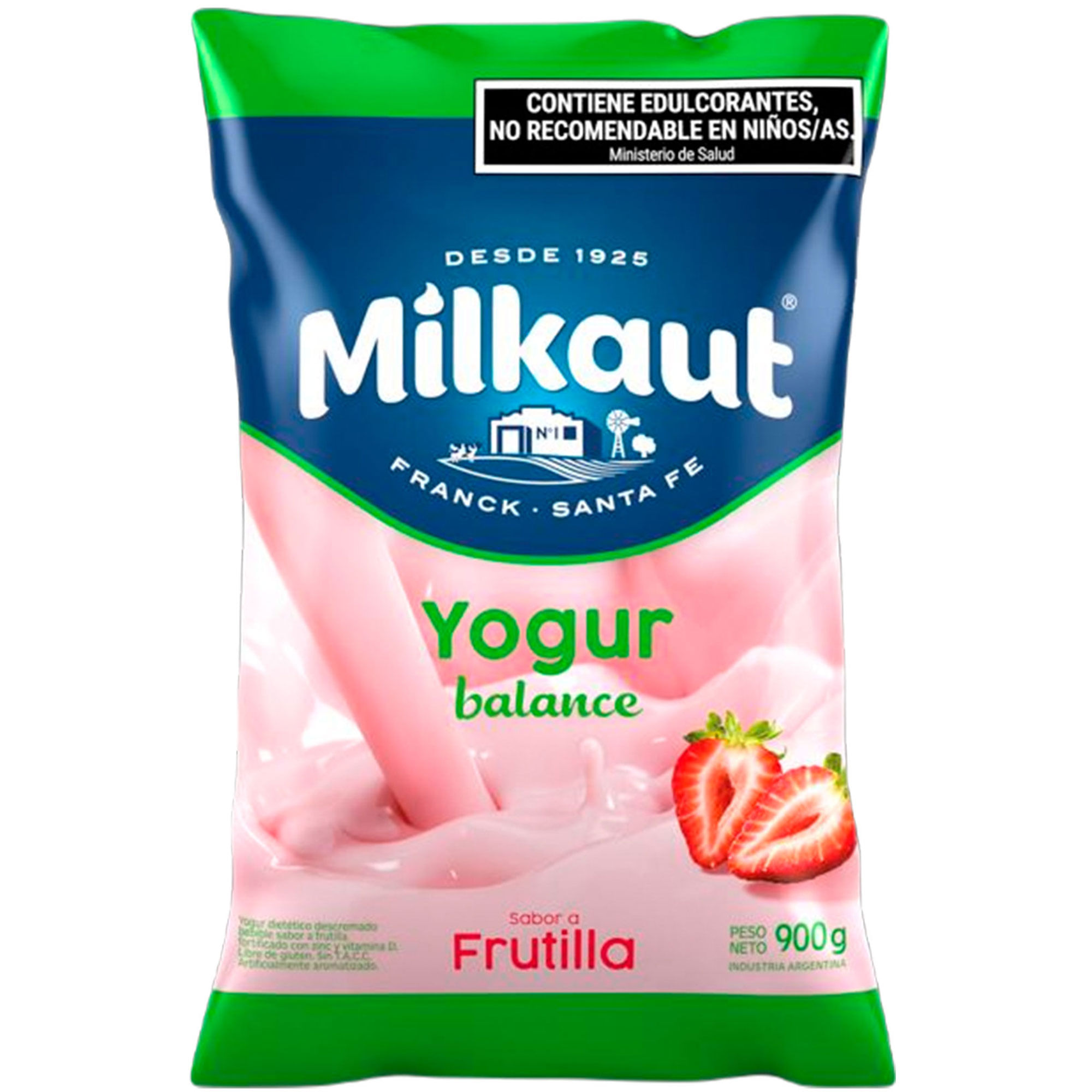 Yogur descremado Milkaut de frutilla en sachet 900 g.