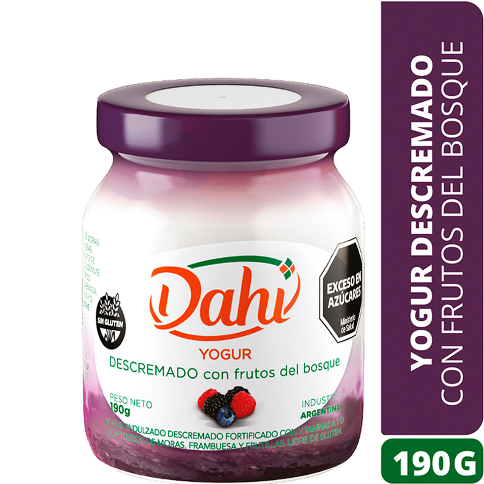 Yogur batido descremado Dahi frutos del bosque en frasco 190 g.