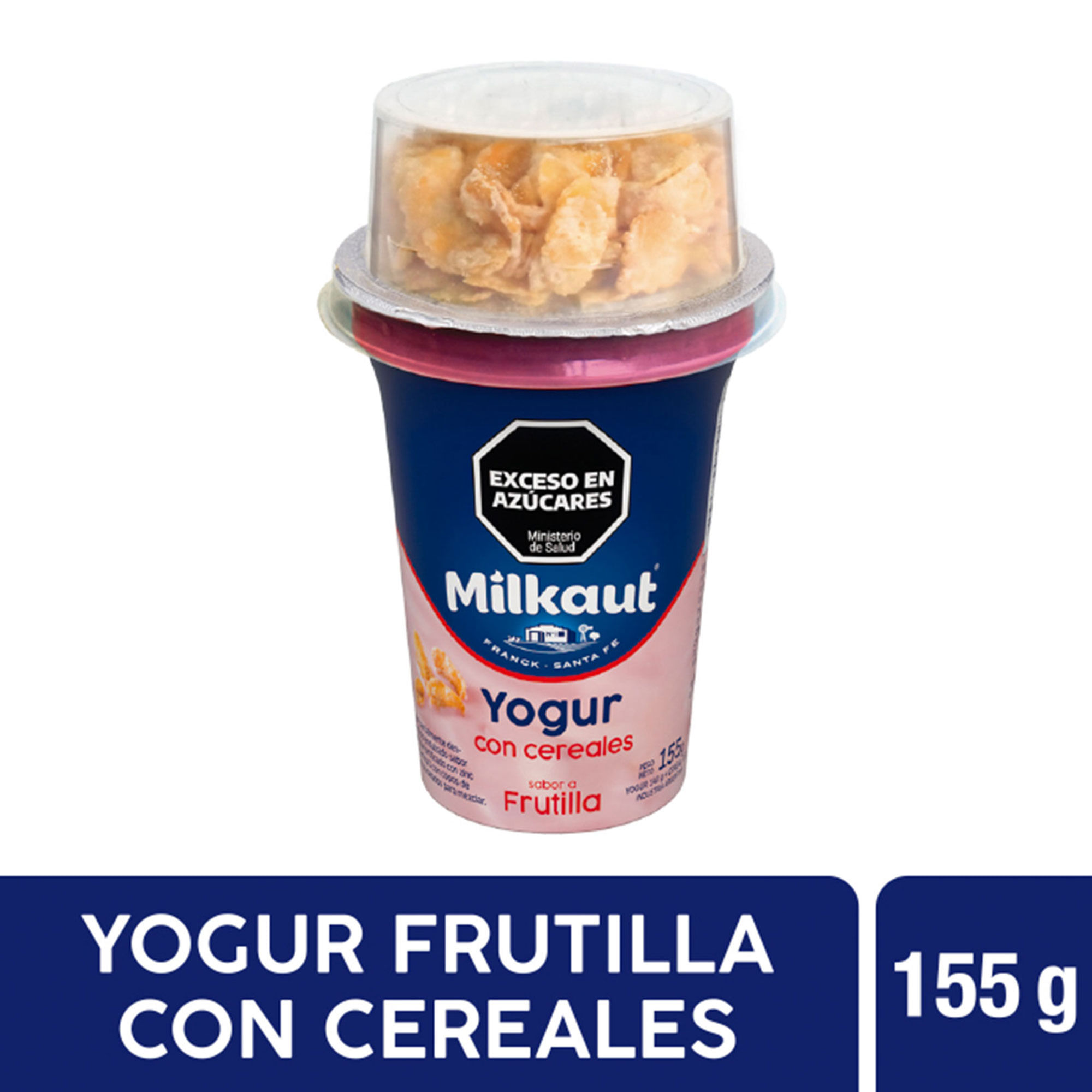 Yogur entero Milkaut de frutilla con cereales en pote 155 g.