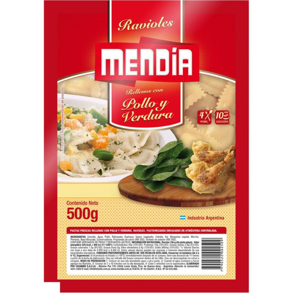 Ravioles Mendia pollo y verdura 500 g.