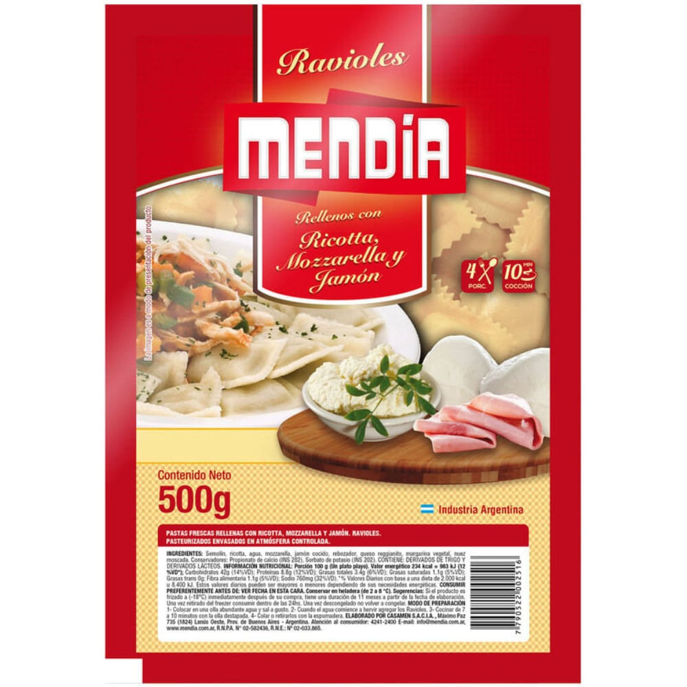 Ravioles Mendia jamón y queso 500 g.