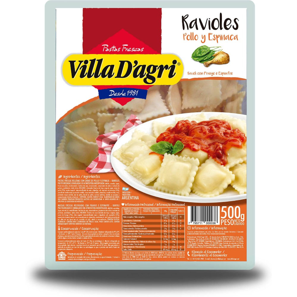 Ravioles Villa d'Agri pollo y espinaca 500 g.