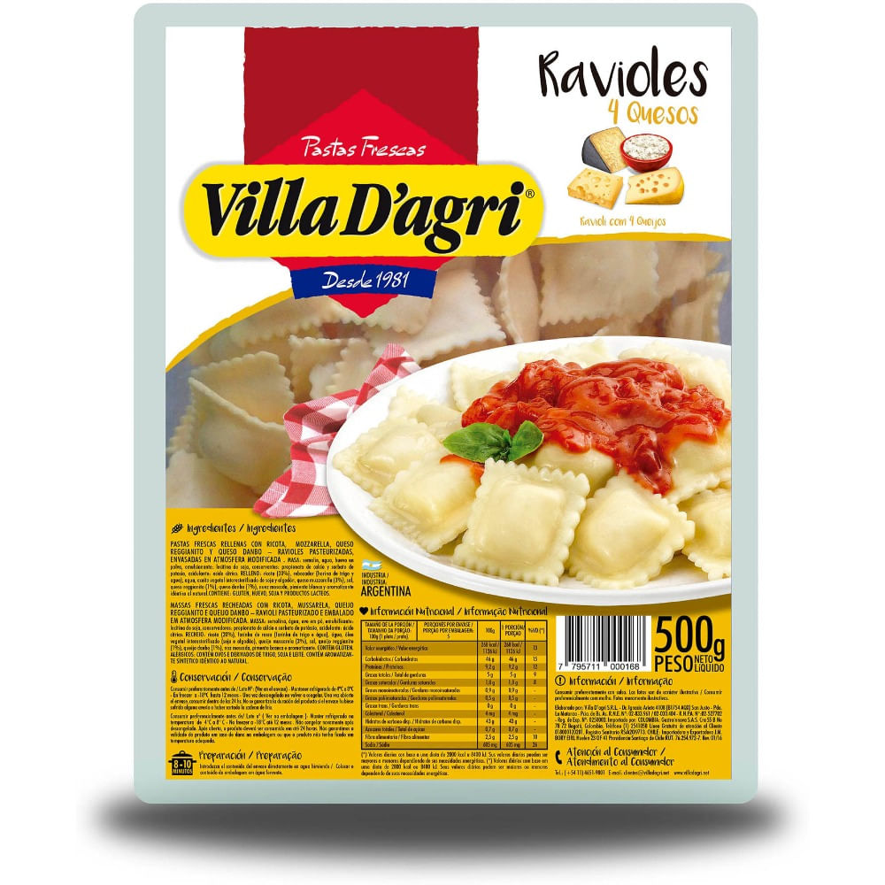 Ravioles Villa d'Agri cuatro queso 500 g.