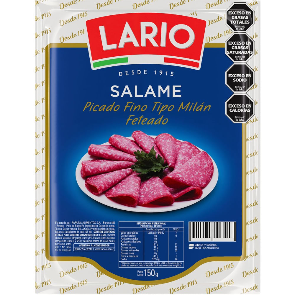 Salame tipo milán Lario picado fino feteado 150 g.