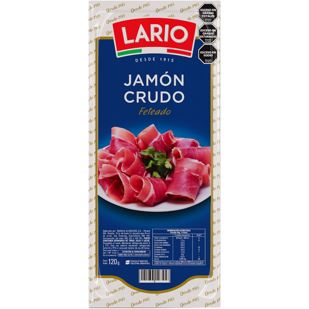 Jamón crudo feteado Lario 120 g.