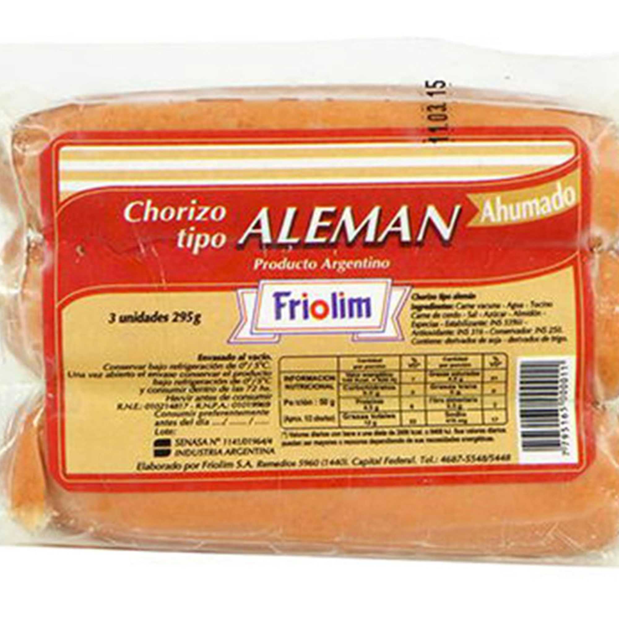 Chorizo tipo alemán Friolim x kg.