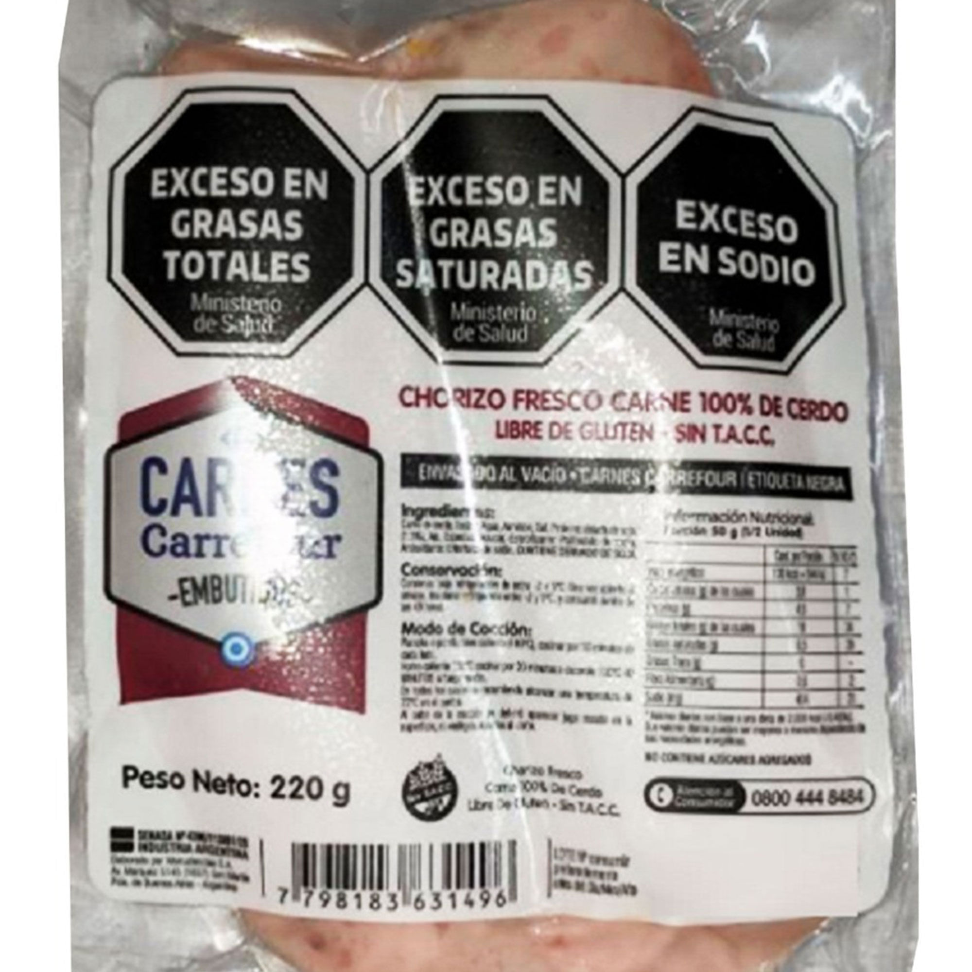 Chorizo puro cerdo Carrefour 220 g x 2 uni